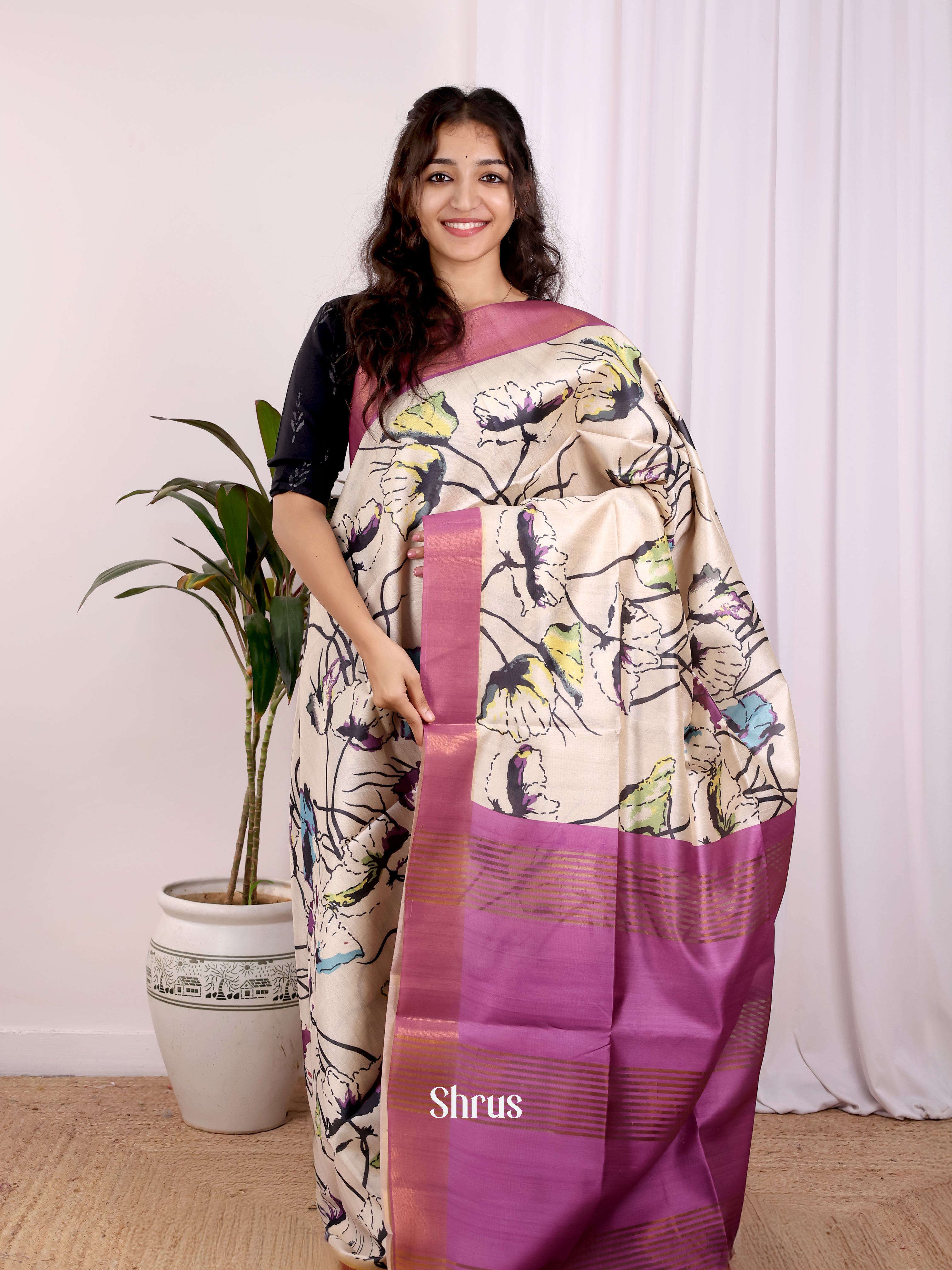 Cream & Majenta- Champa semitussar Saree - Shop on Shrus.com