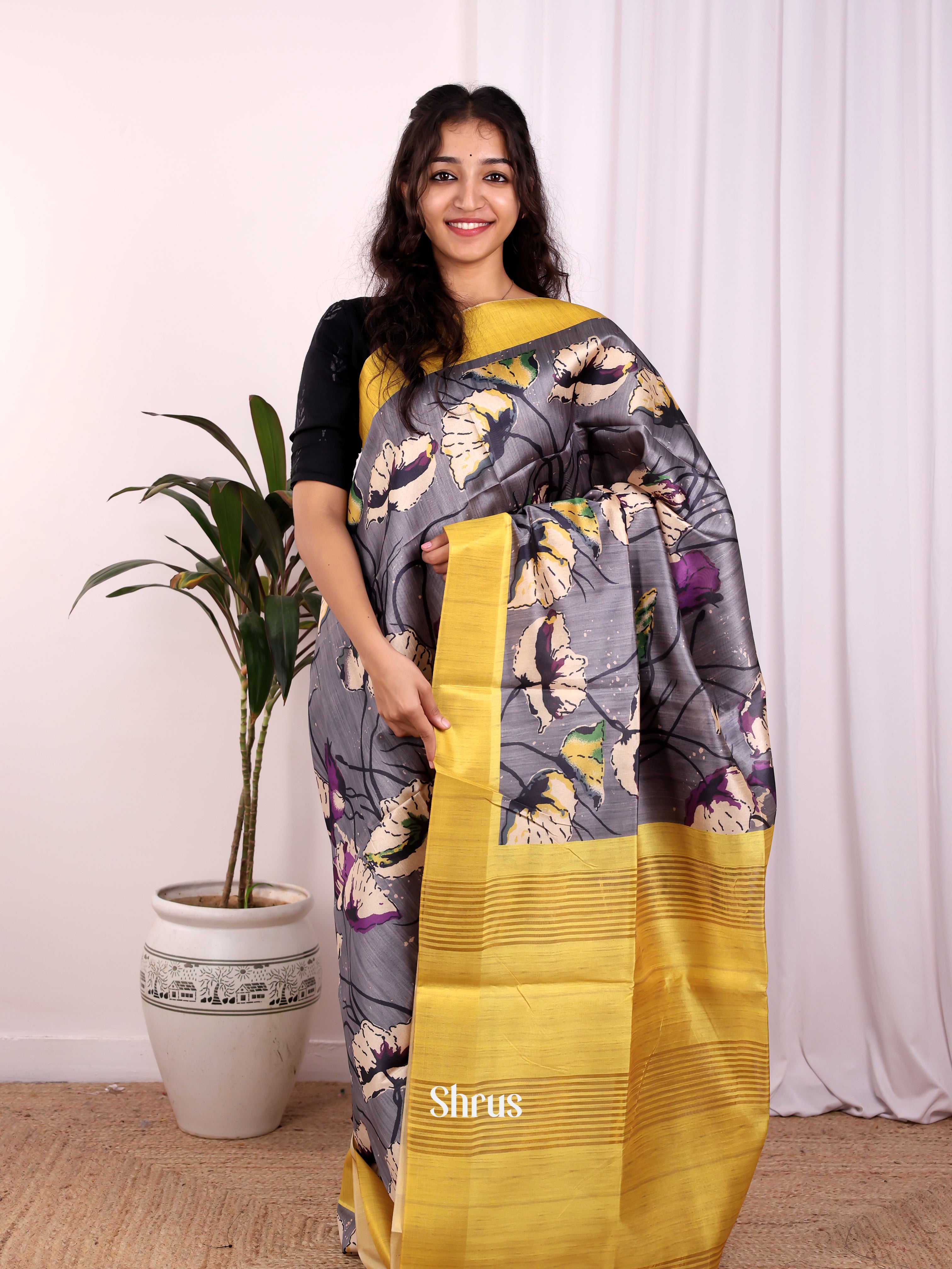 Grey & Green- Champa semitussar Saree - Shop on Shrus.com