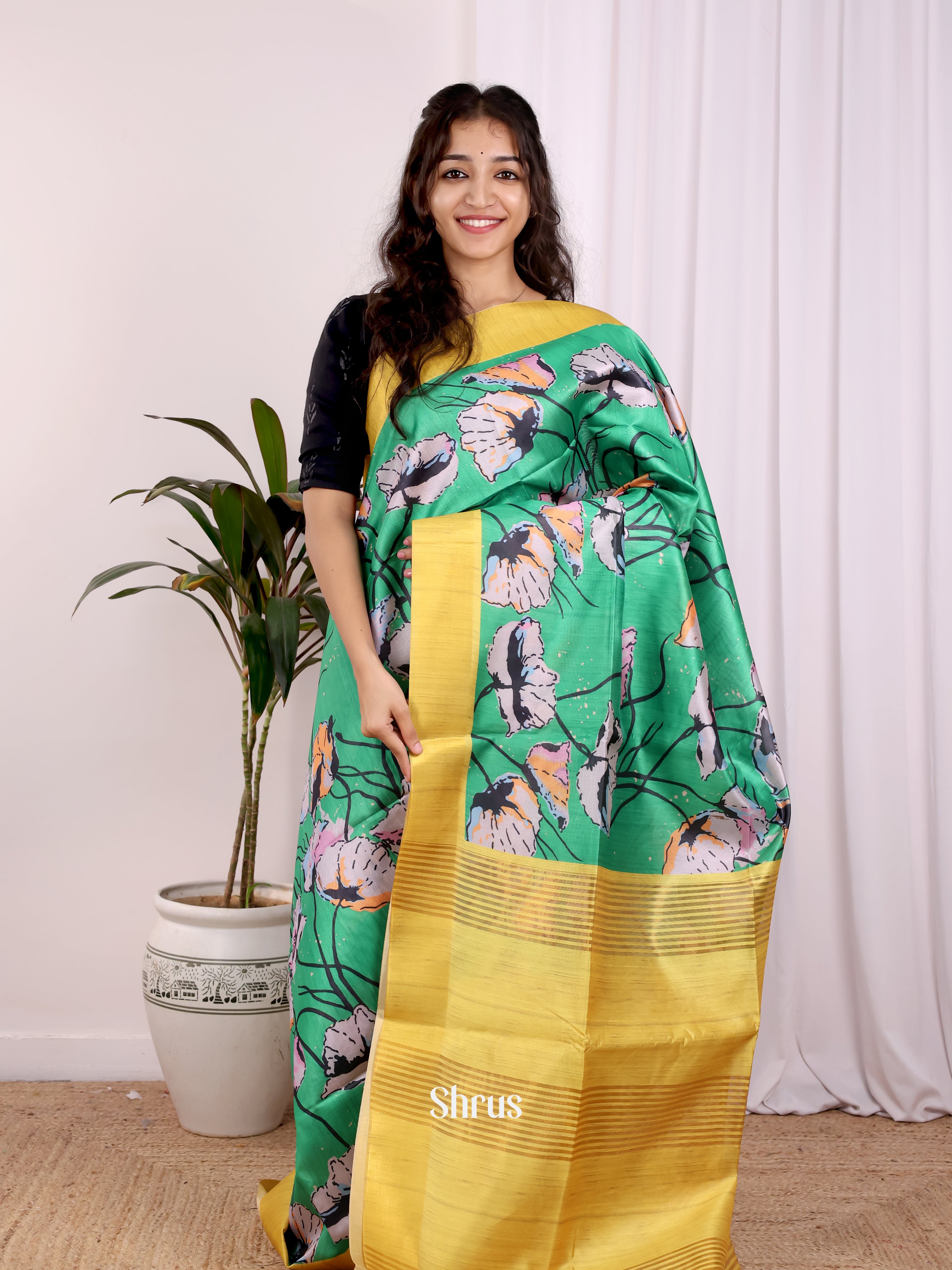 Green & Mustard- Champa semitussar Saree - Shop on Shrus.com