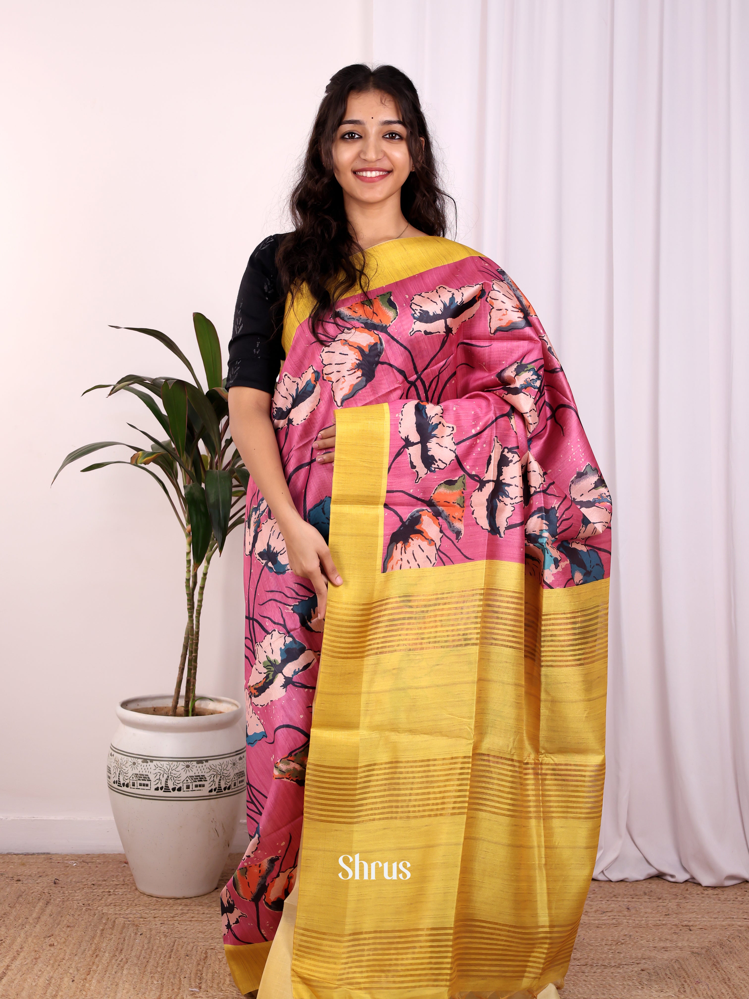 Pink & Mustard- Champa semitussar Saree - Shop on Shrus.com