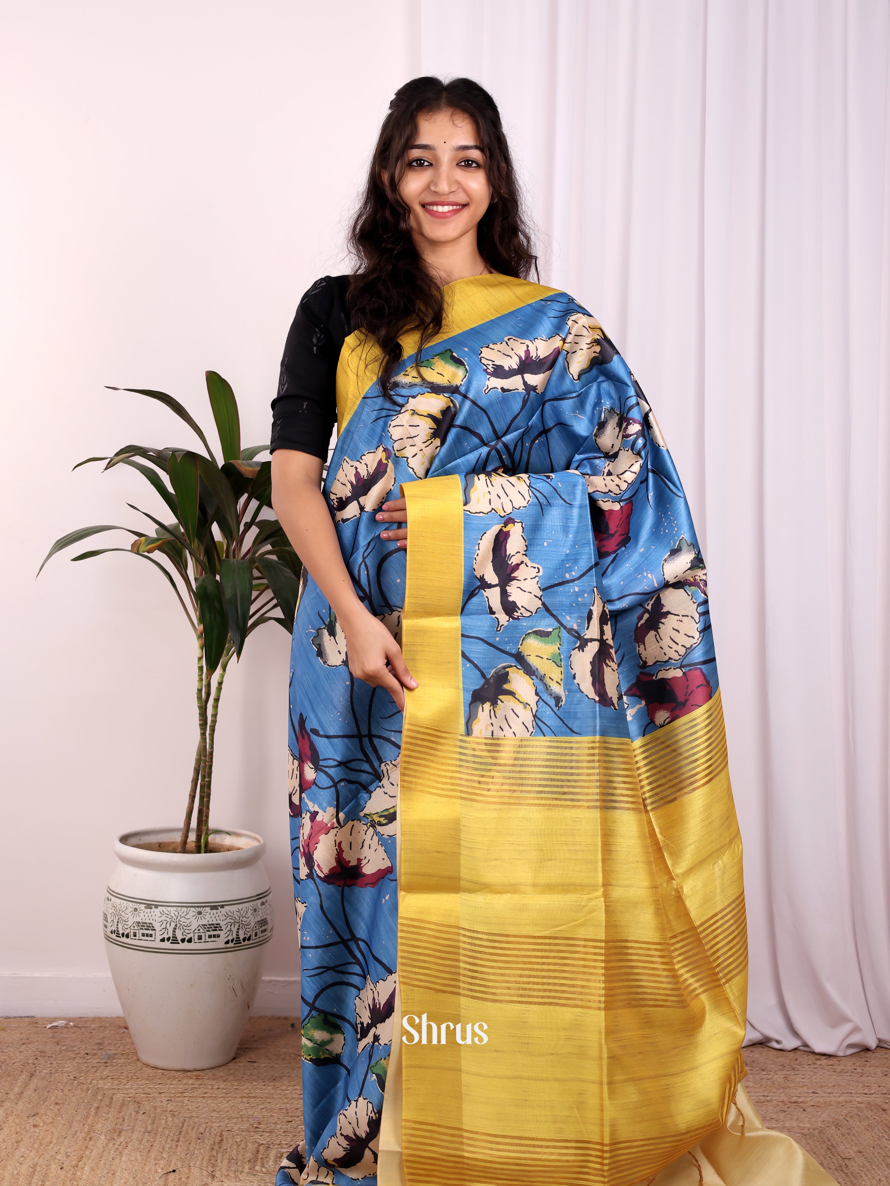 Blue & Mustard- Champa semitussar Saree - Shop on Shrus.com