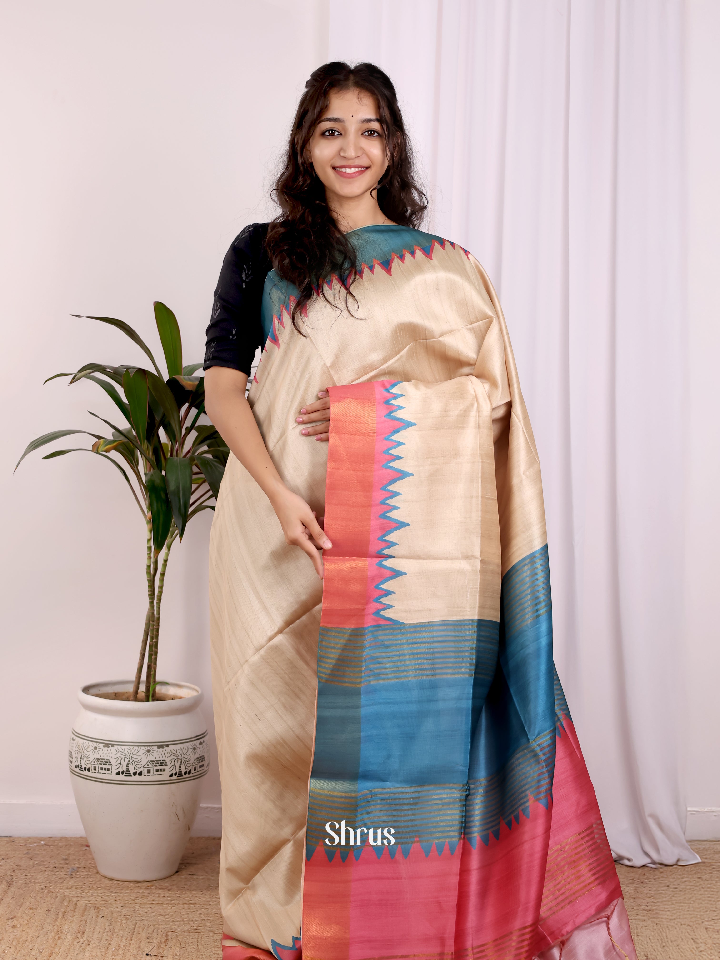 Beige & Blue- Champa semitussar Saree - Shop on Shrus.com