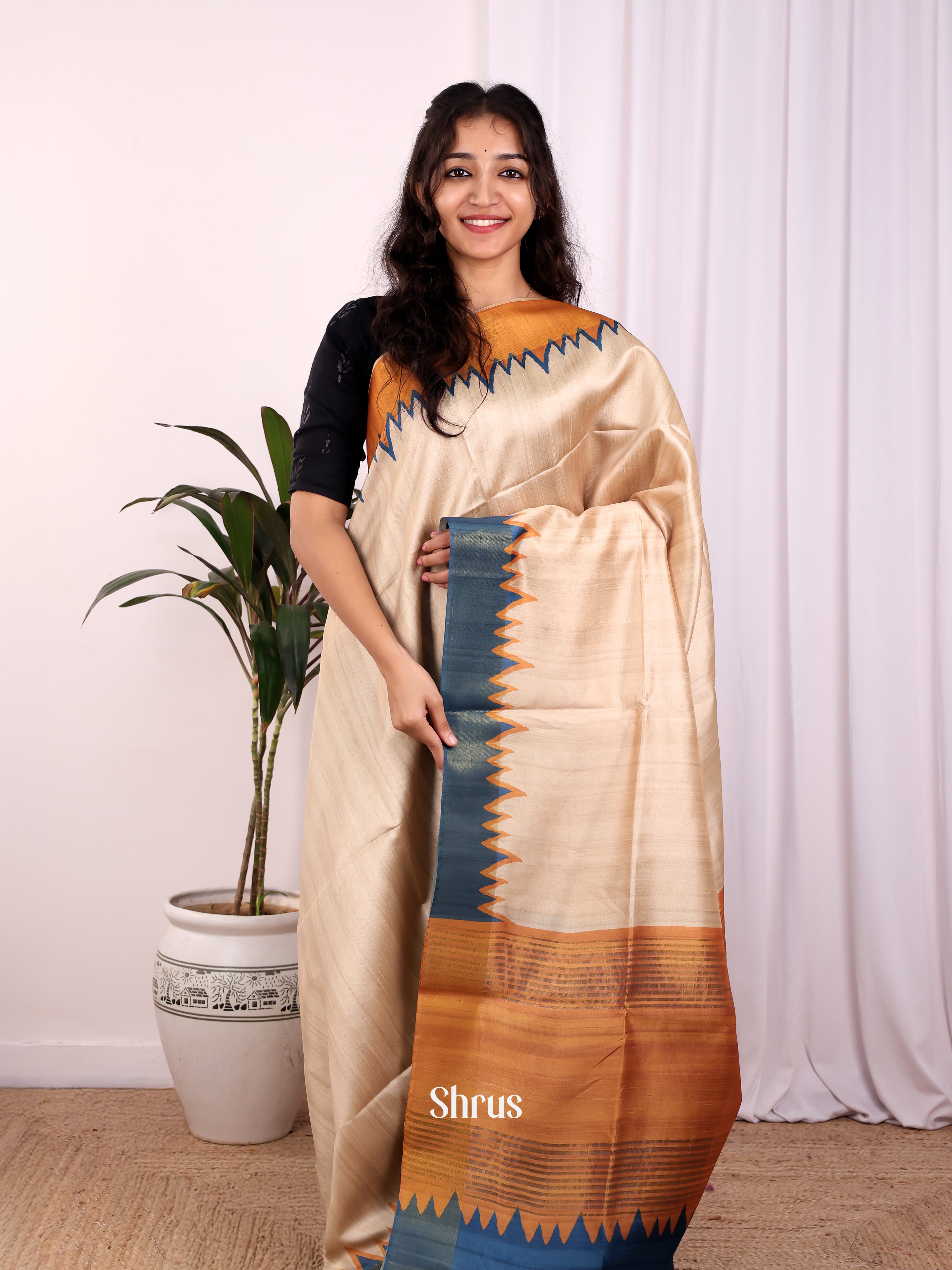 Beige & Blue- Champa semitussar Saree - Shop on Shrus.com