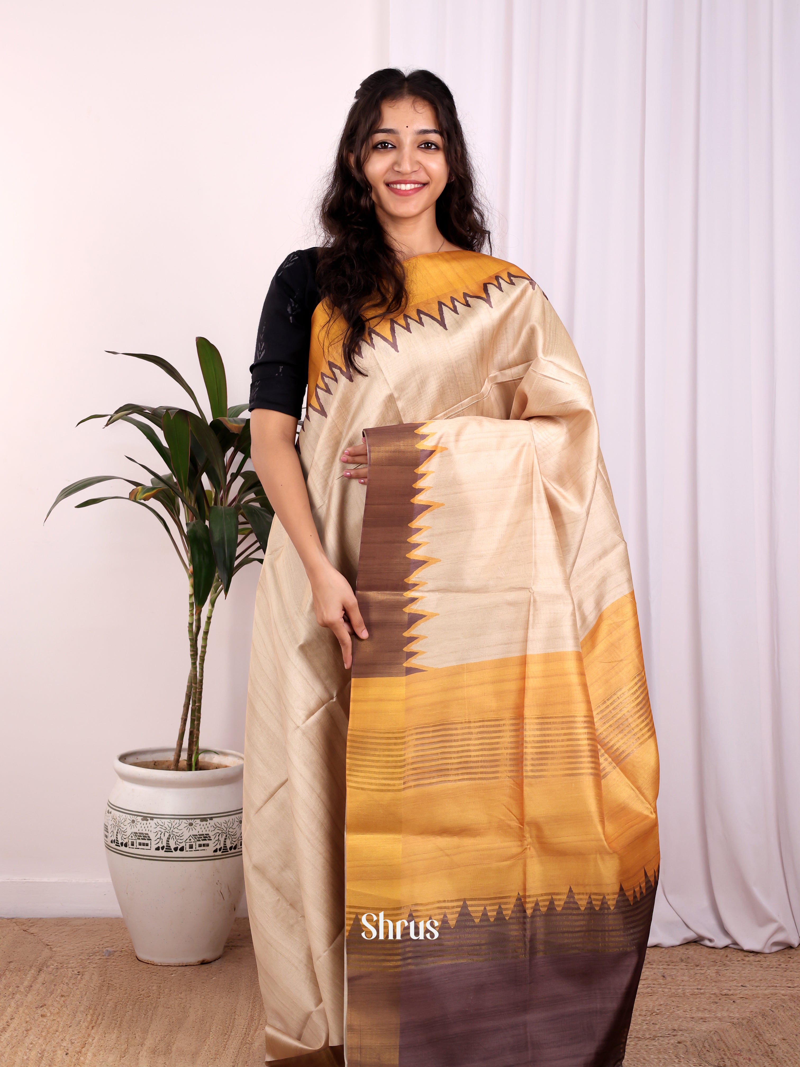 Cream & Brown- Champa semitussar Saree - Shop on Shrus.com