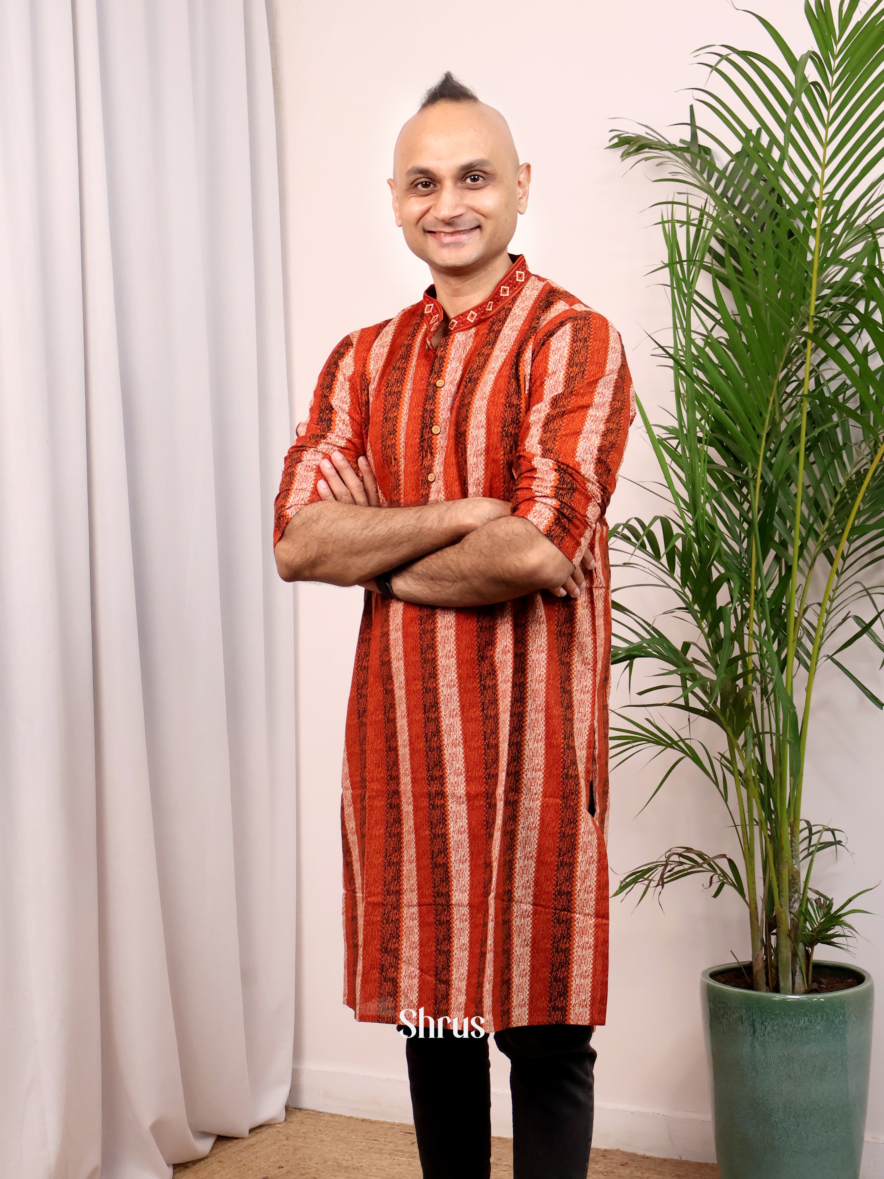 Red & Brown- Readymade Men's Kurta - Shop on Shrus.com