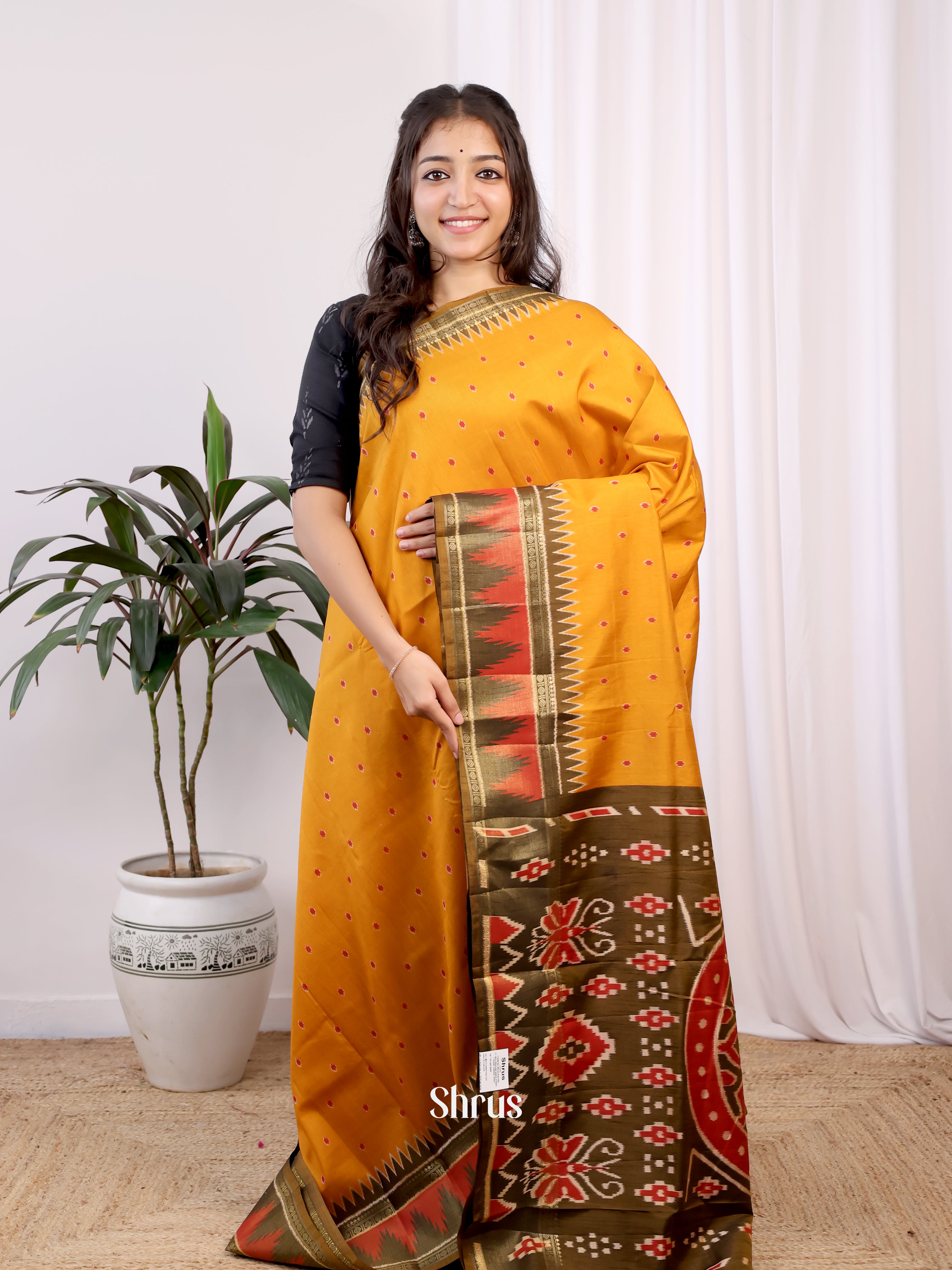 Mustard & Army Green - Semi Patola Saree - Shop on Shrus.com