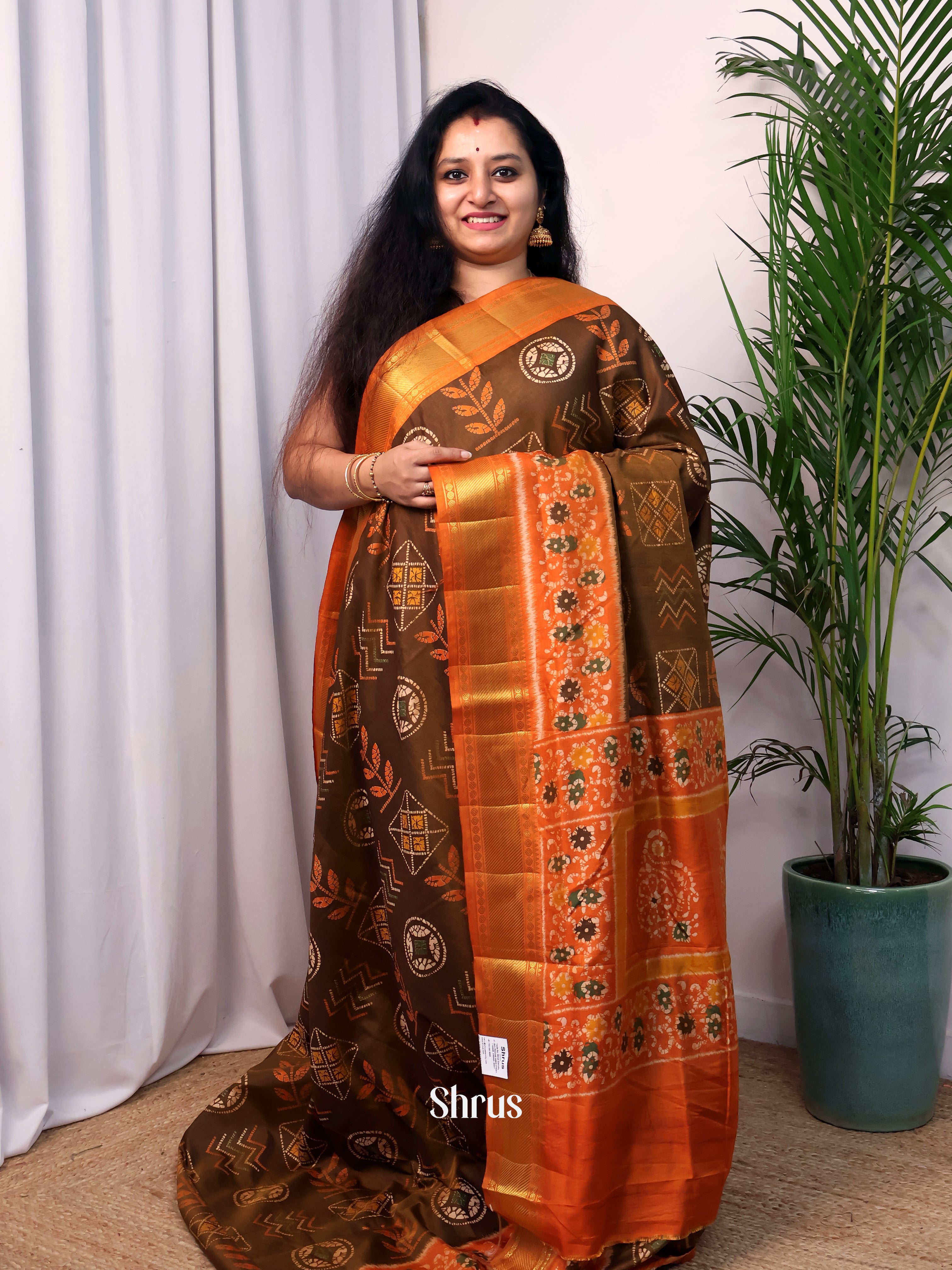 Army Green & Orange - Semi Patola Saree - Shop on Shrus.com