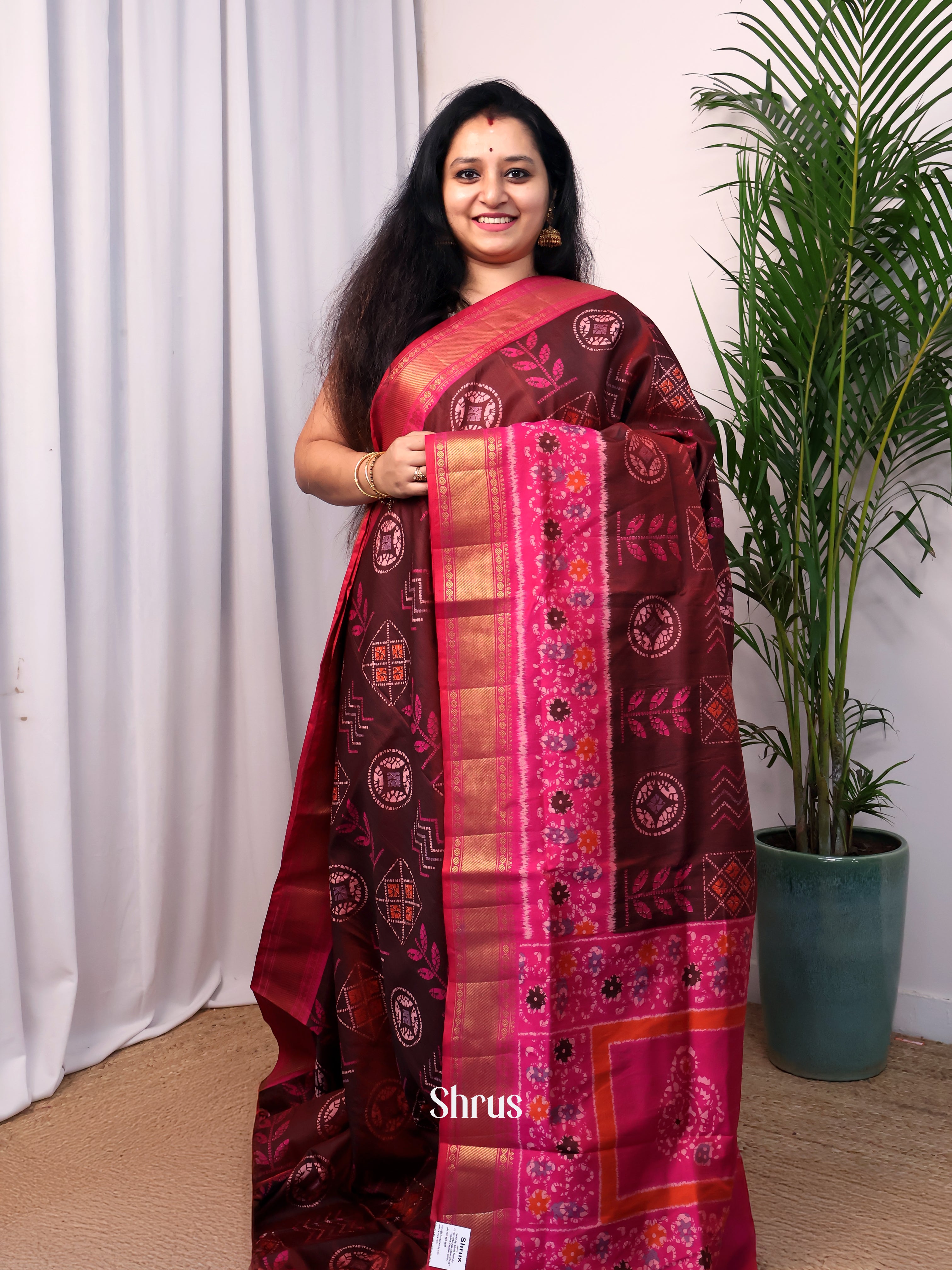 Brown & Pink - Semi Patola Saree - Shop on Shrus.com