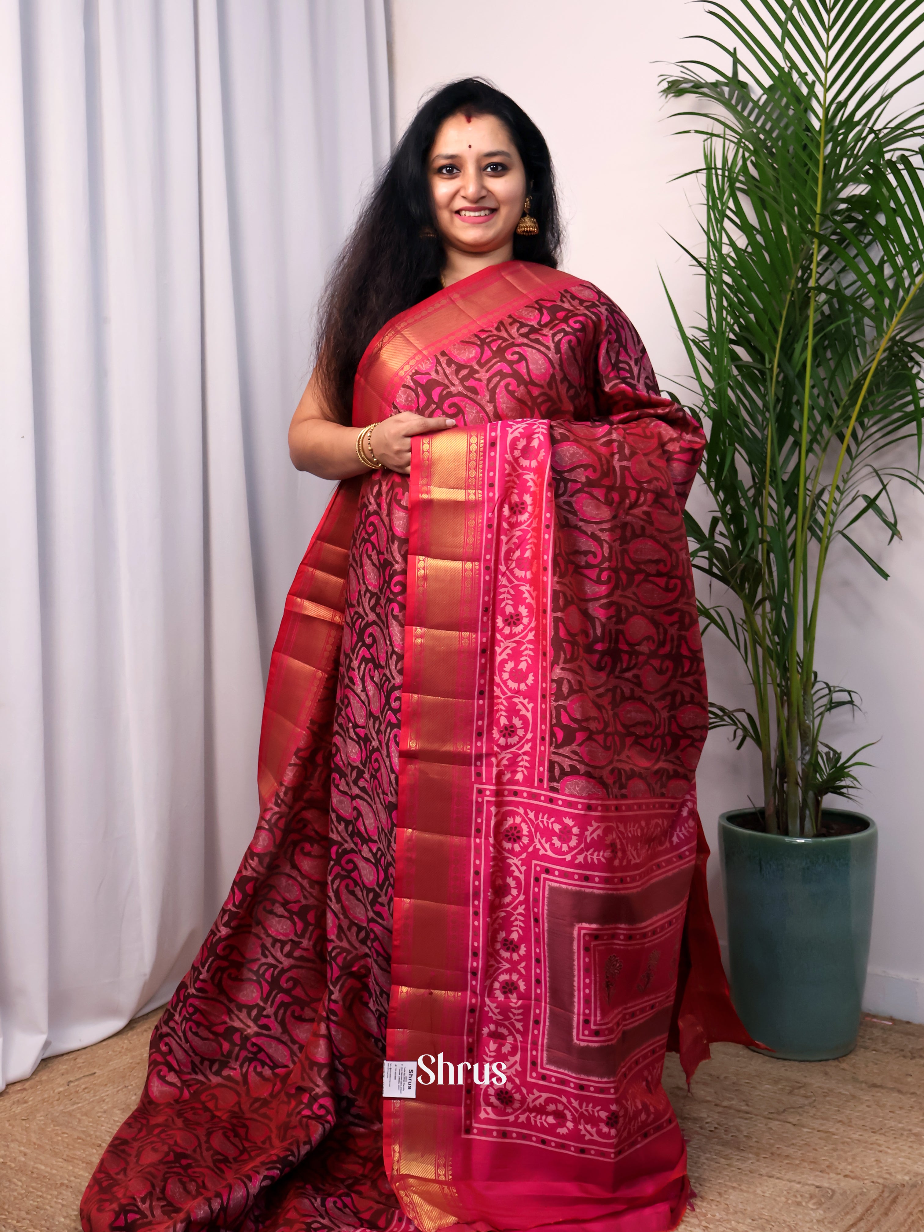 Brown & Pink - Semi Patola Saree - Shop on Shrus.com