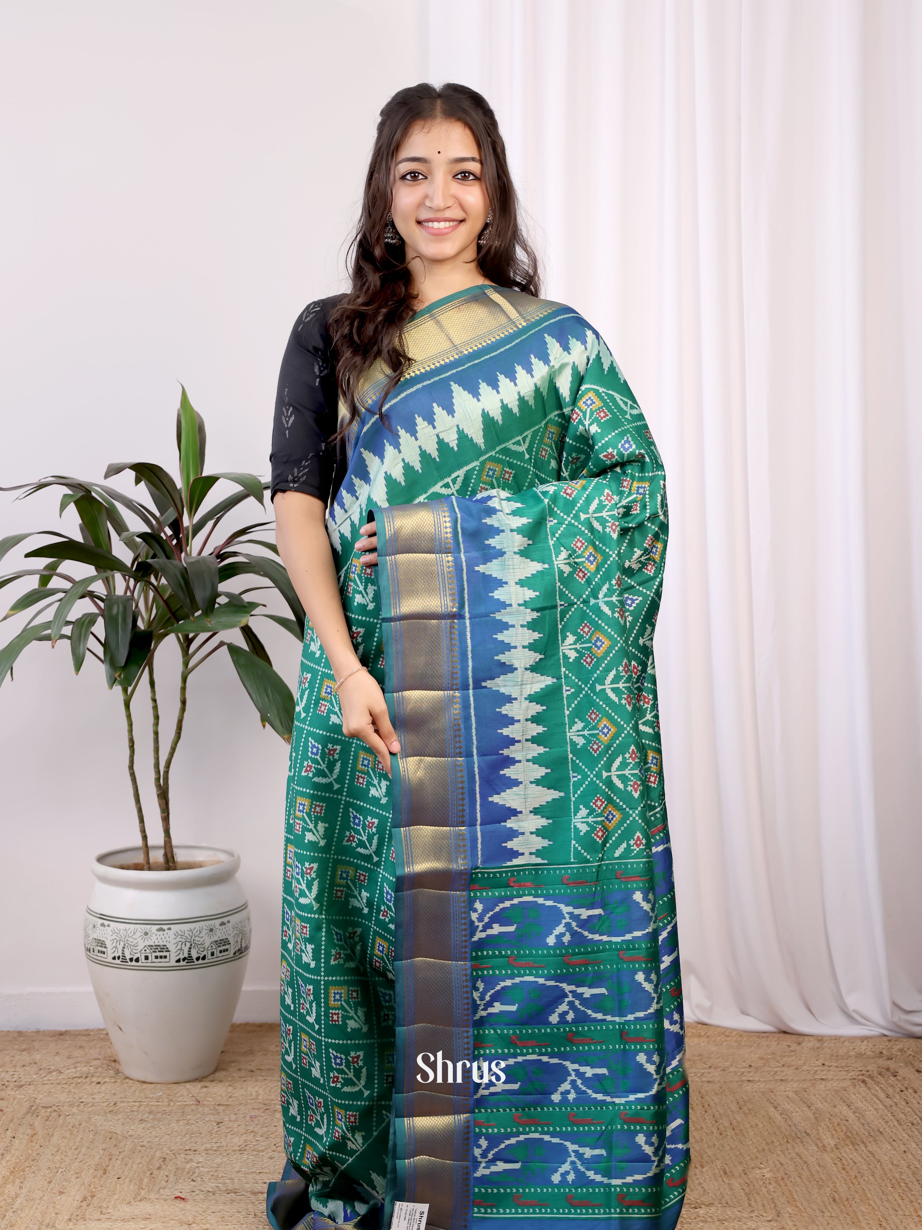 Green & Blue - Semi Patola Saree - Shop on Shrus.com