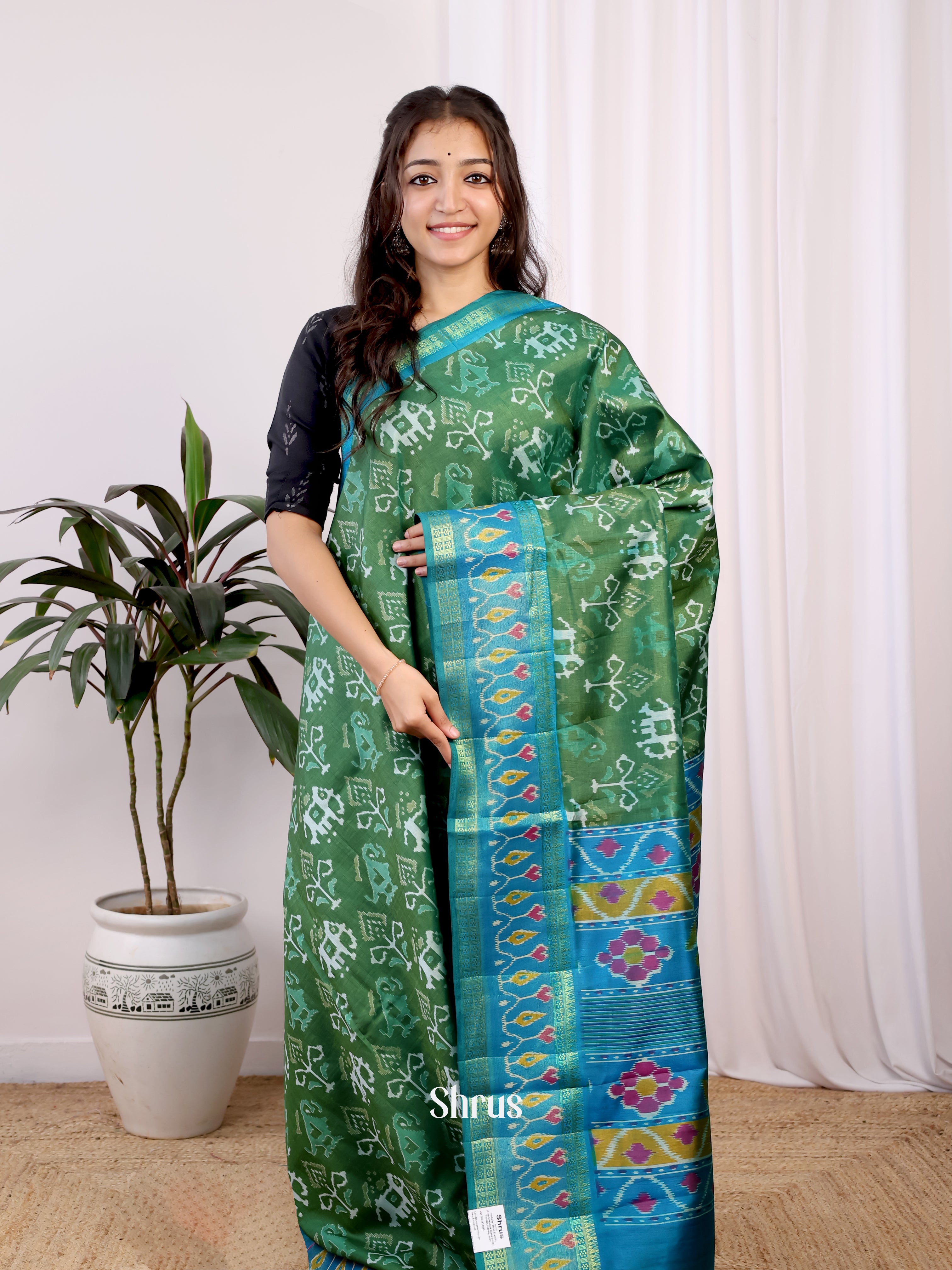Green & Blue - Semi Patola Saree - Shop on Shrus.com