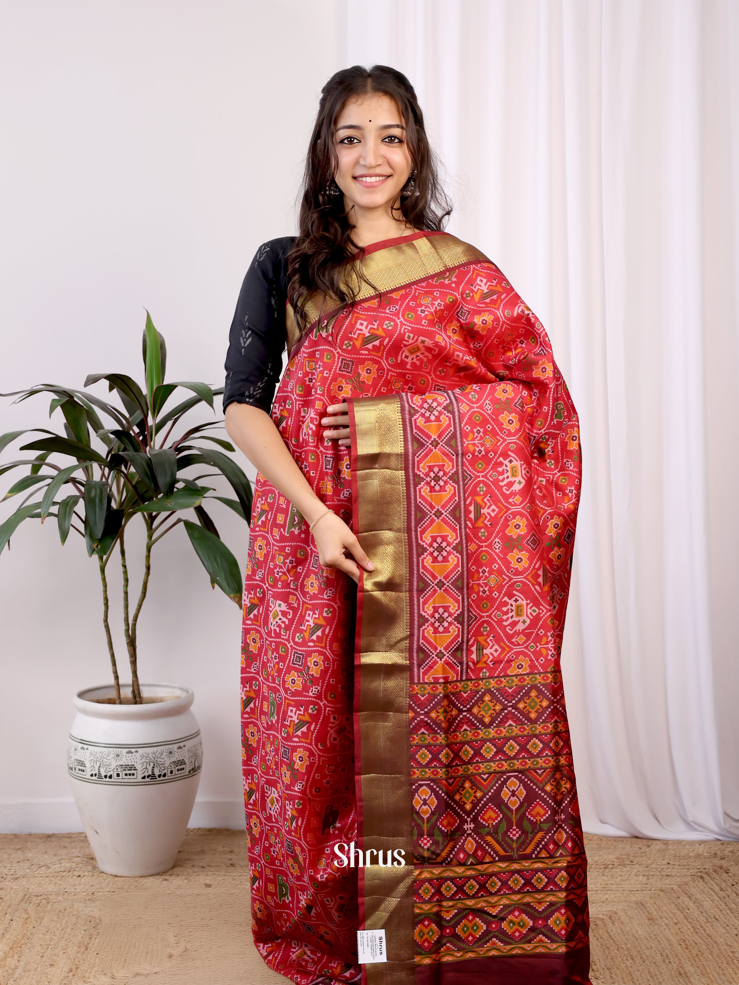 Red & Brown - Semi Patola Saree - Shop on Shrus.com