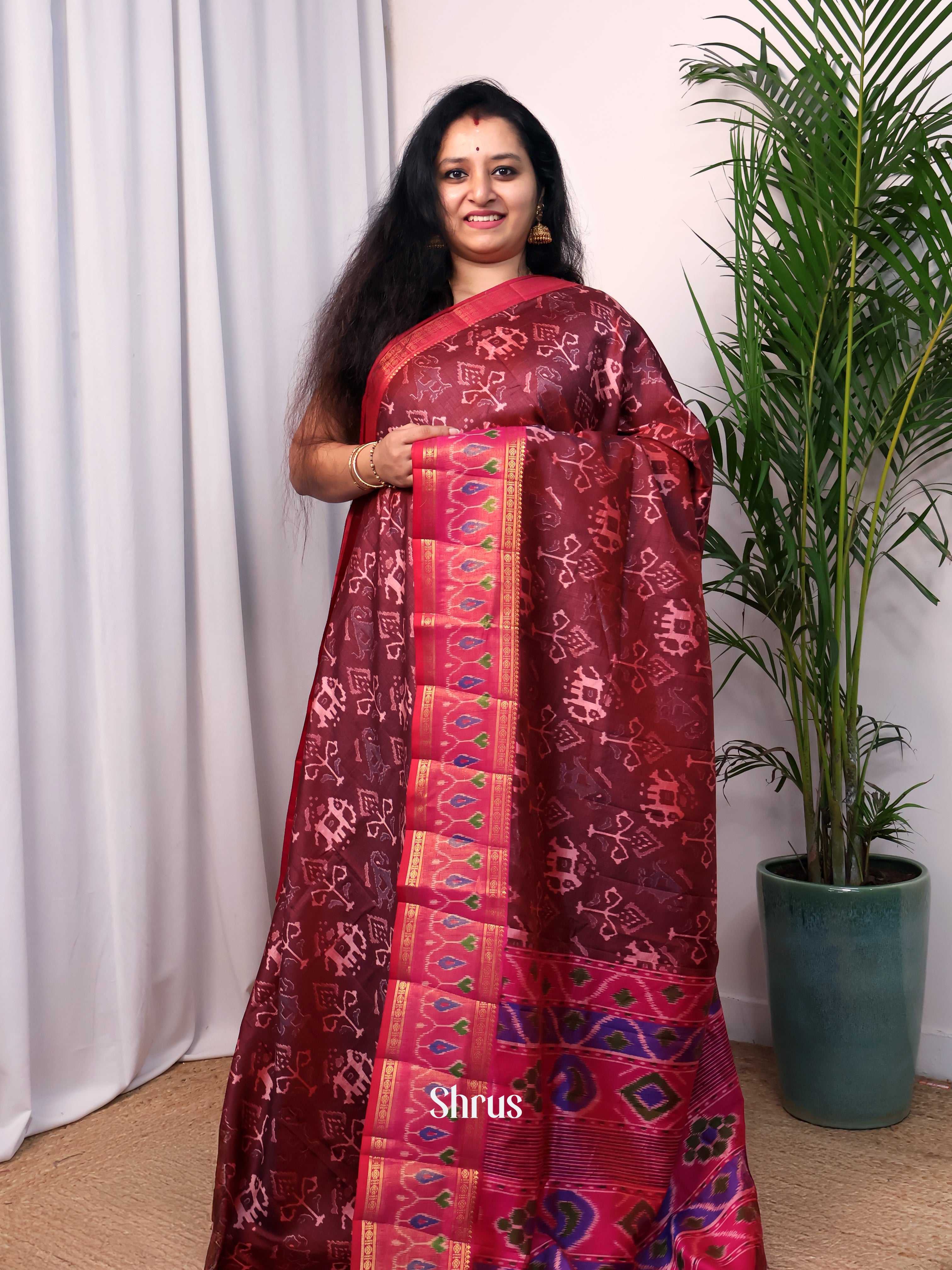 Brown & Pink - Semi Patola Saree - Shop on Shrus.com