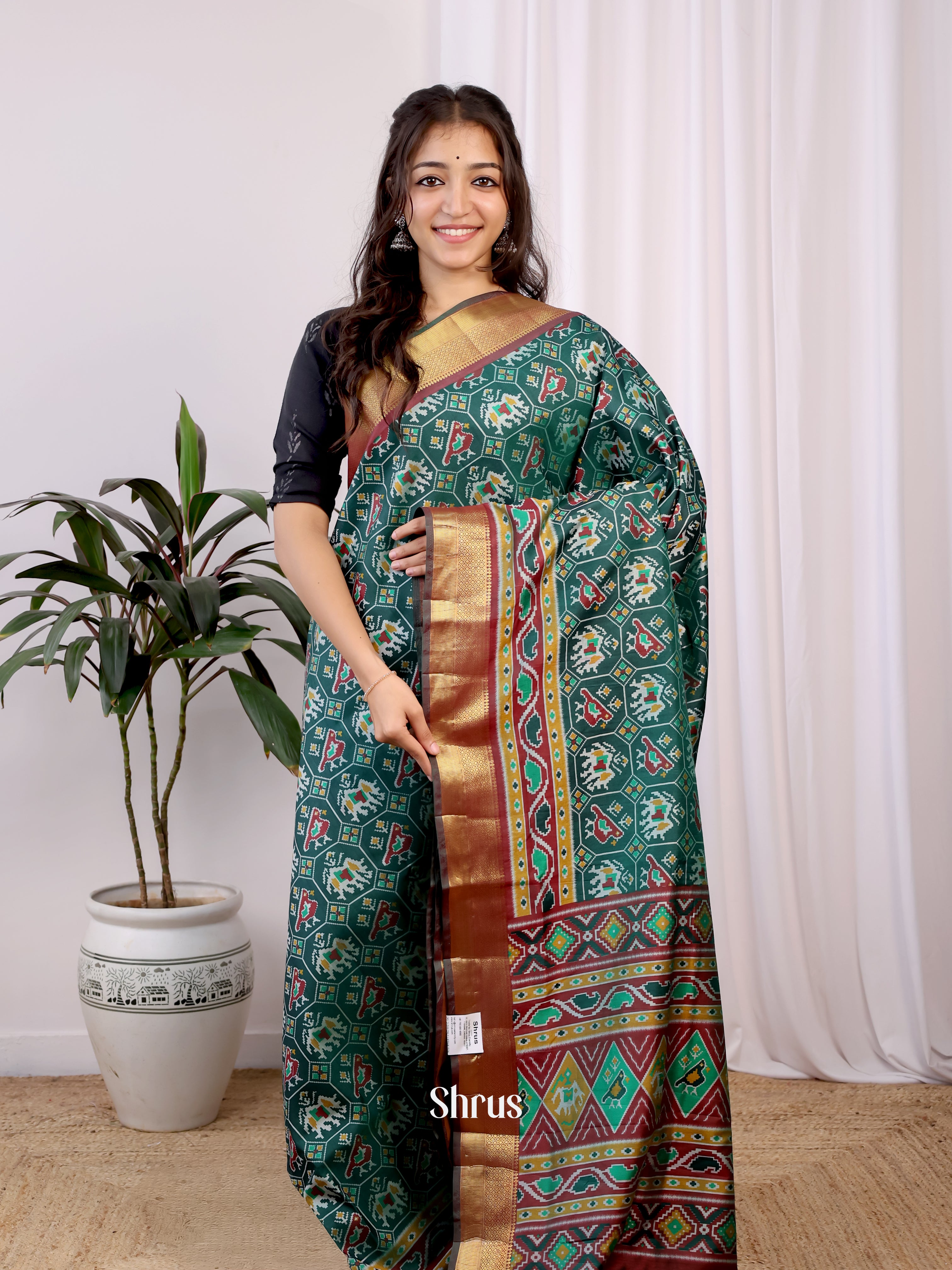 Green & Brown - Semi Patola Saree - Shop on Shrus.com
