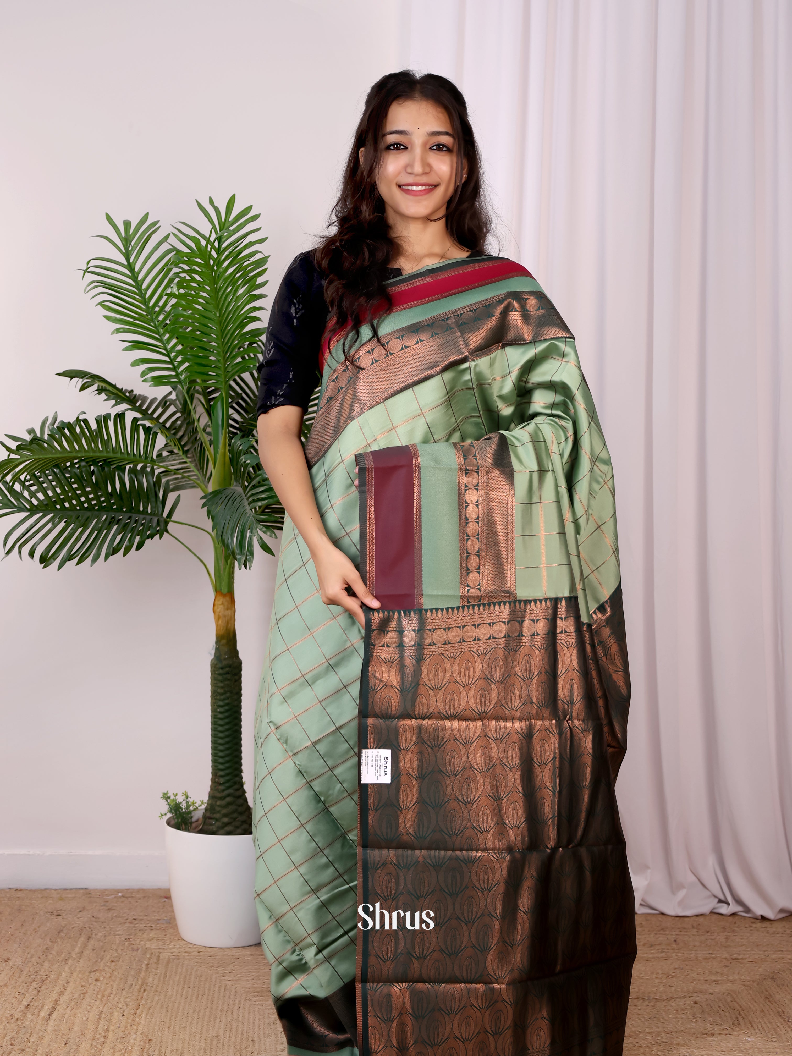 Lite Green & Green - Semi Arani Silk Saree - Shop on Shrus.com