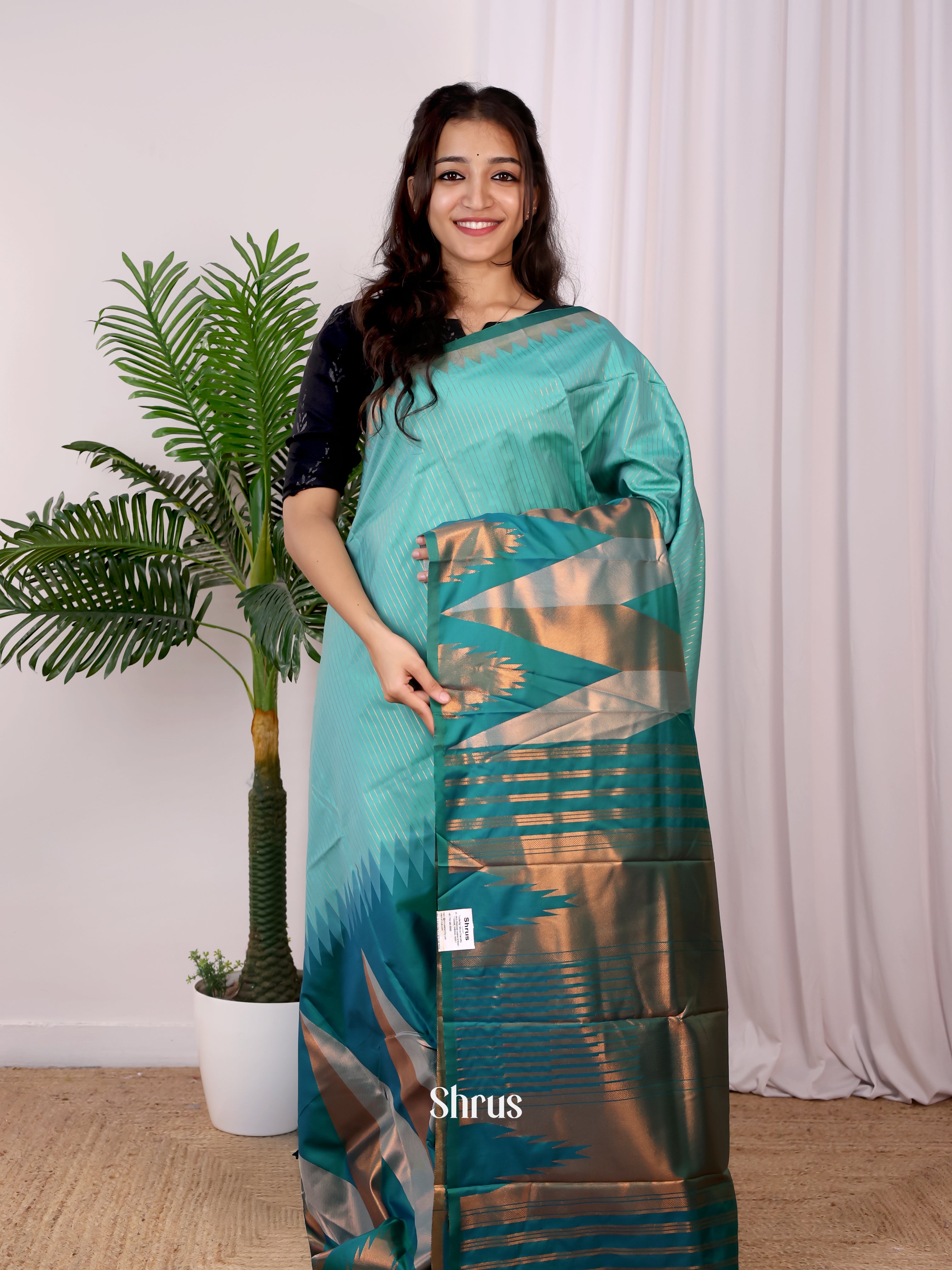 Blue & Teal- Semi Arani Silk Saree - Shop on Shrus.com