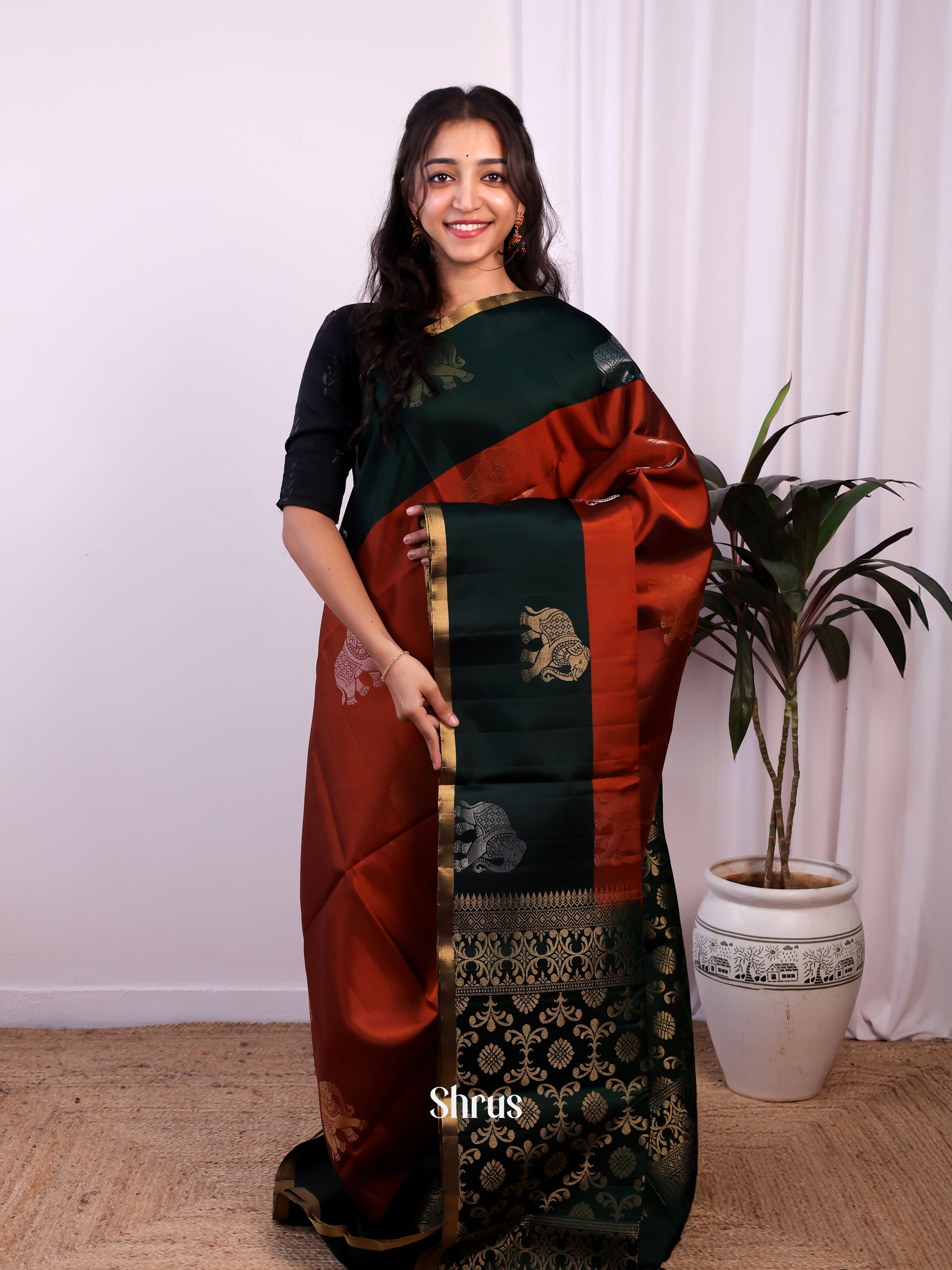 Dark Brick & Green- Soft Silk Saree - Shop on Shrus.com