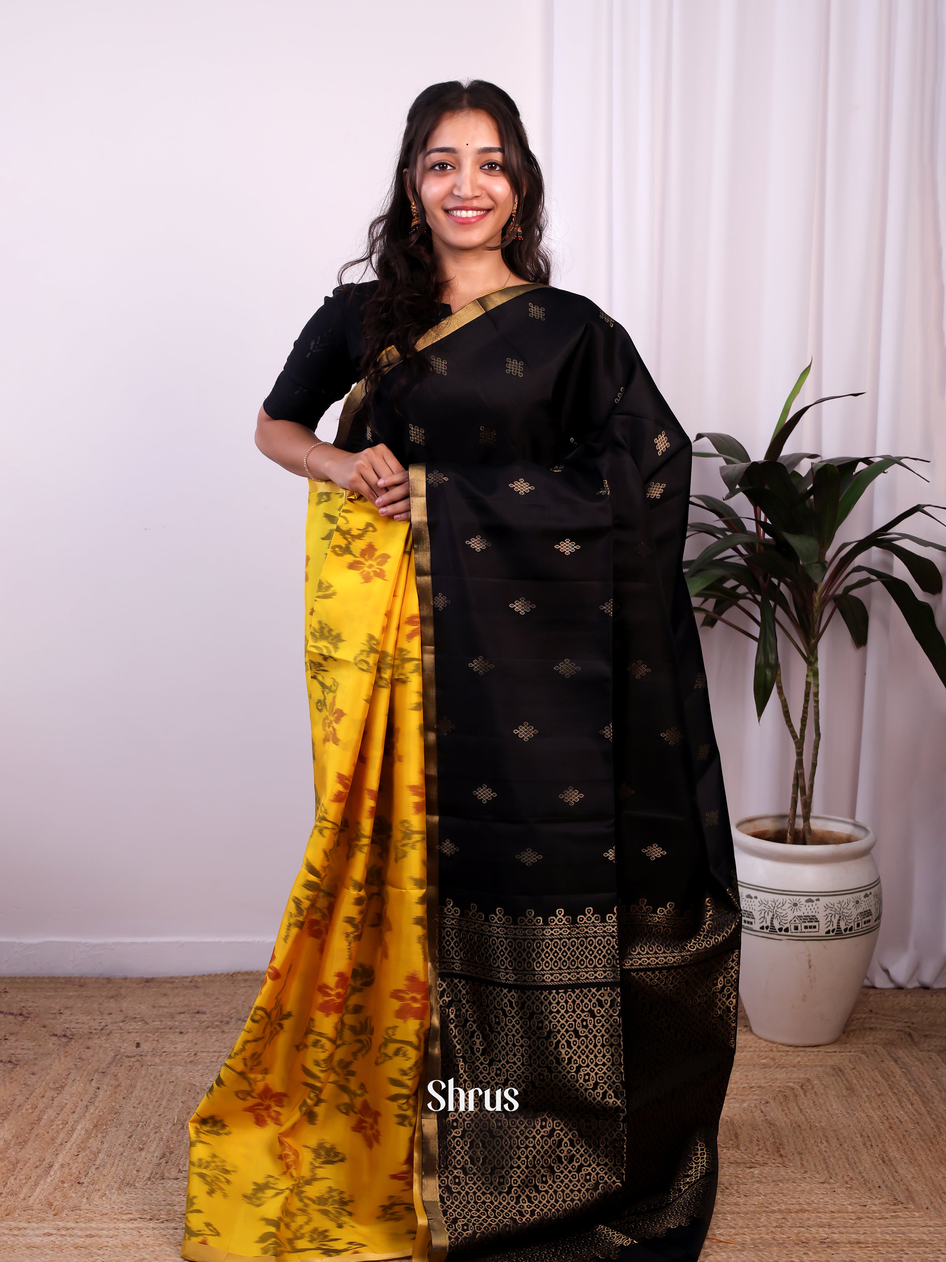 Yellow & Black - Soft Silk Saree - Shop on Shrus.com