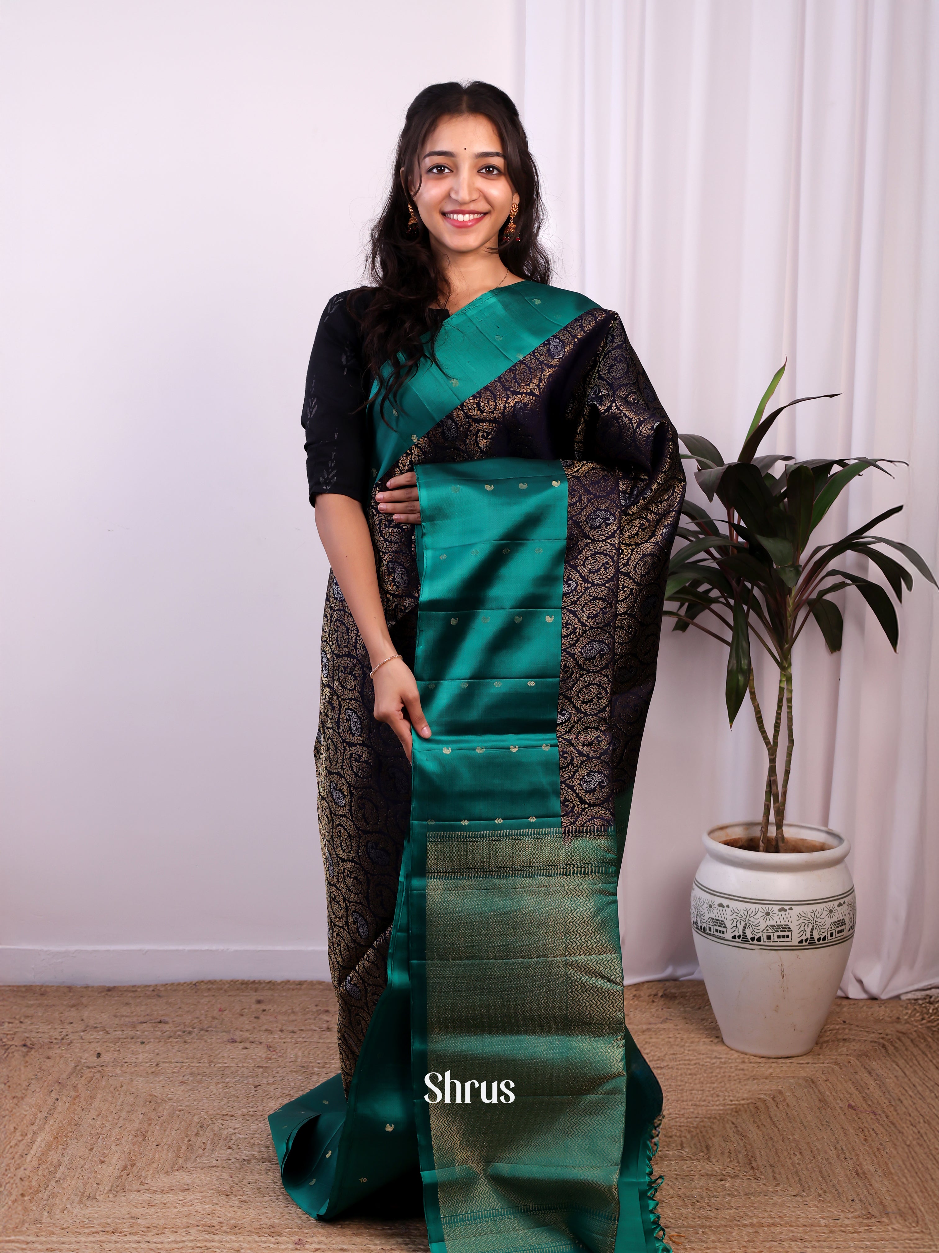 Navy Blue & Green - Soft Silk Saree - Shop on Shrus.com