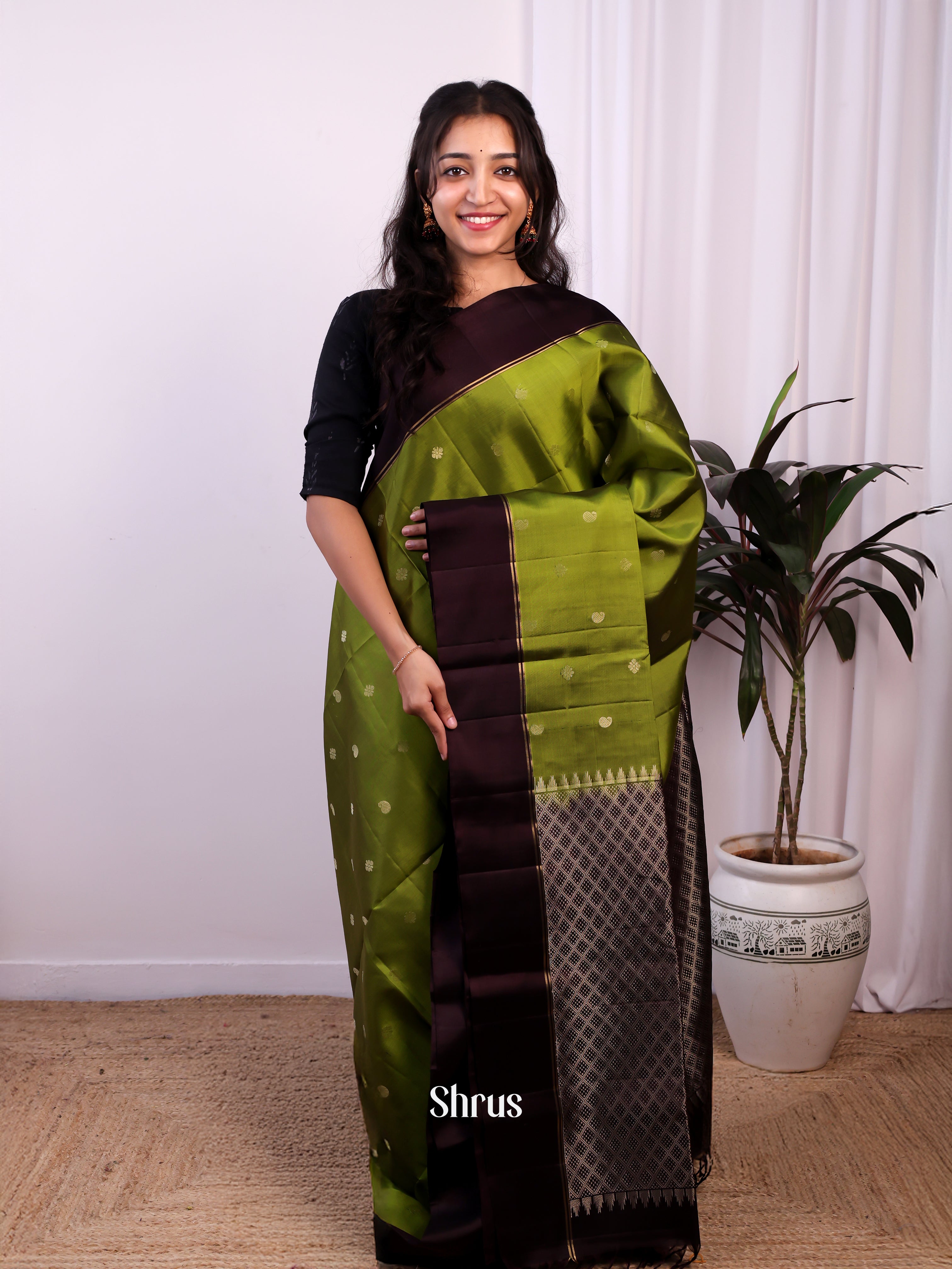 Green & Brown - Soft Silk Saree - Shop on Shrus.com