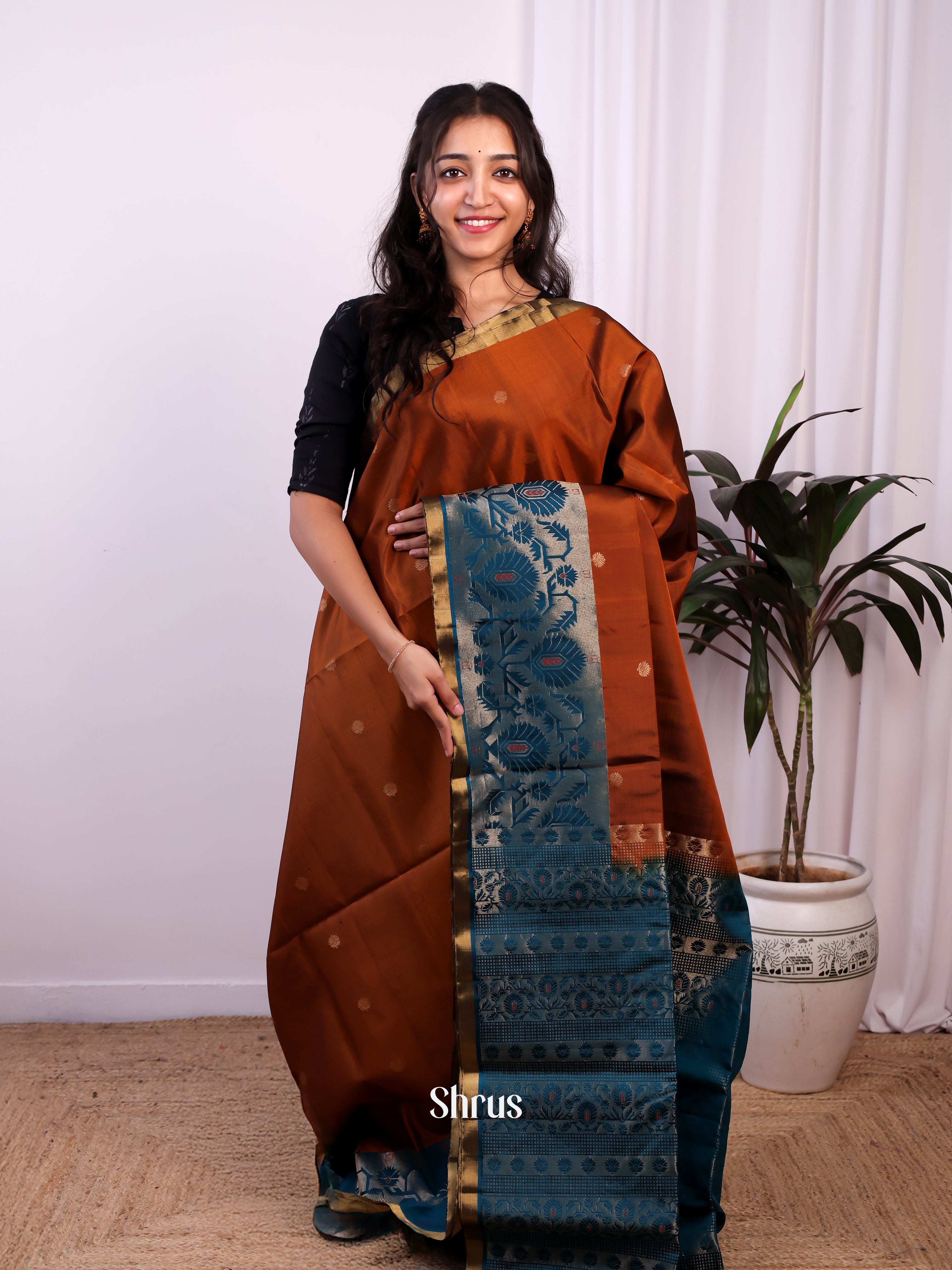 Rust & Blue - Soft Silk Saree - Shop on Shrus.com