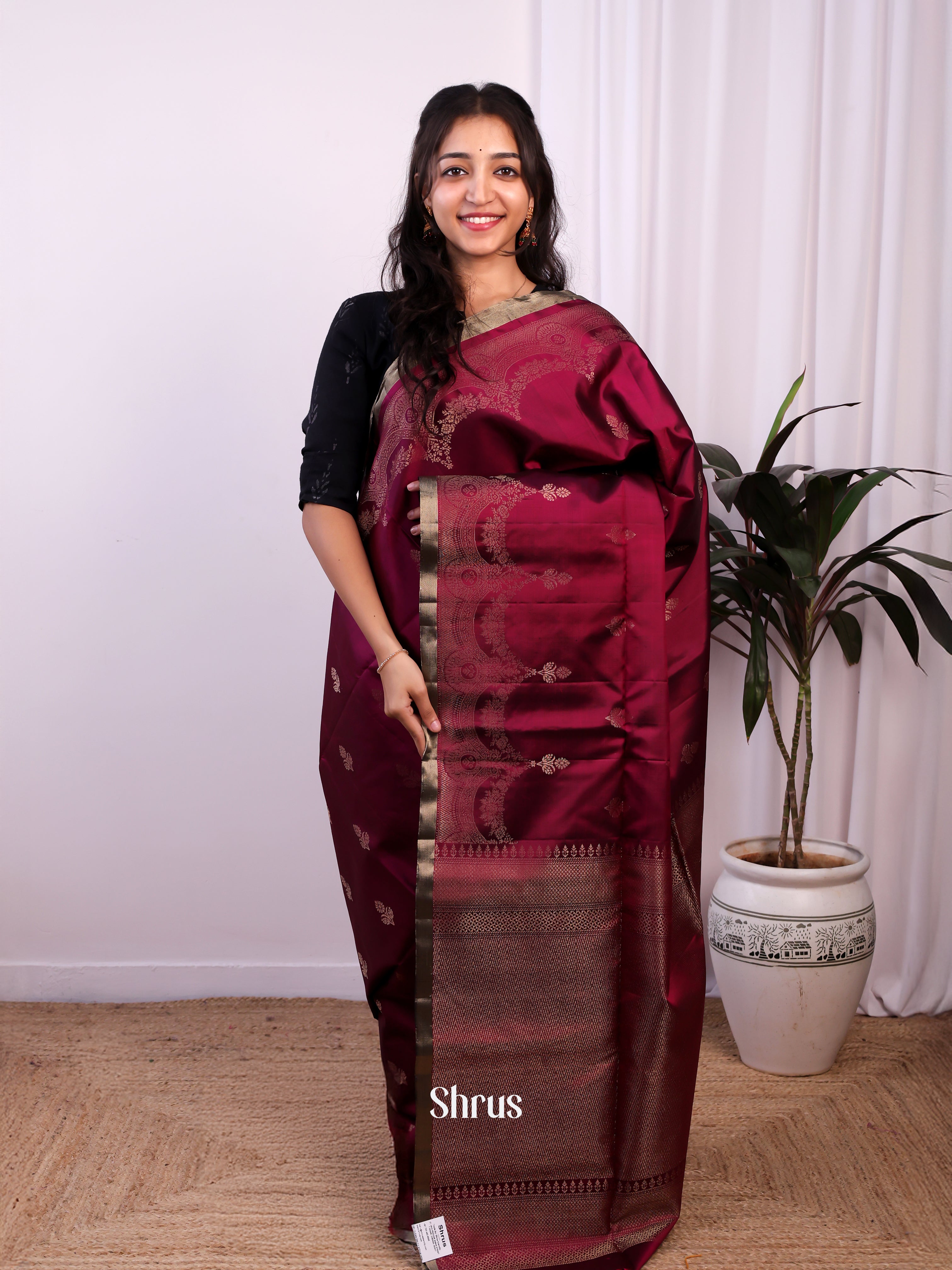 Wine(Single Tone) - Soft Silk Saree - Shop on Shrus.com