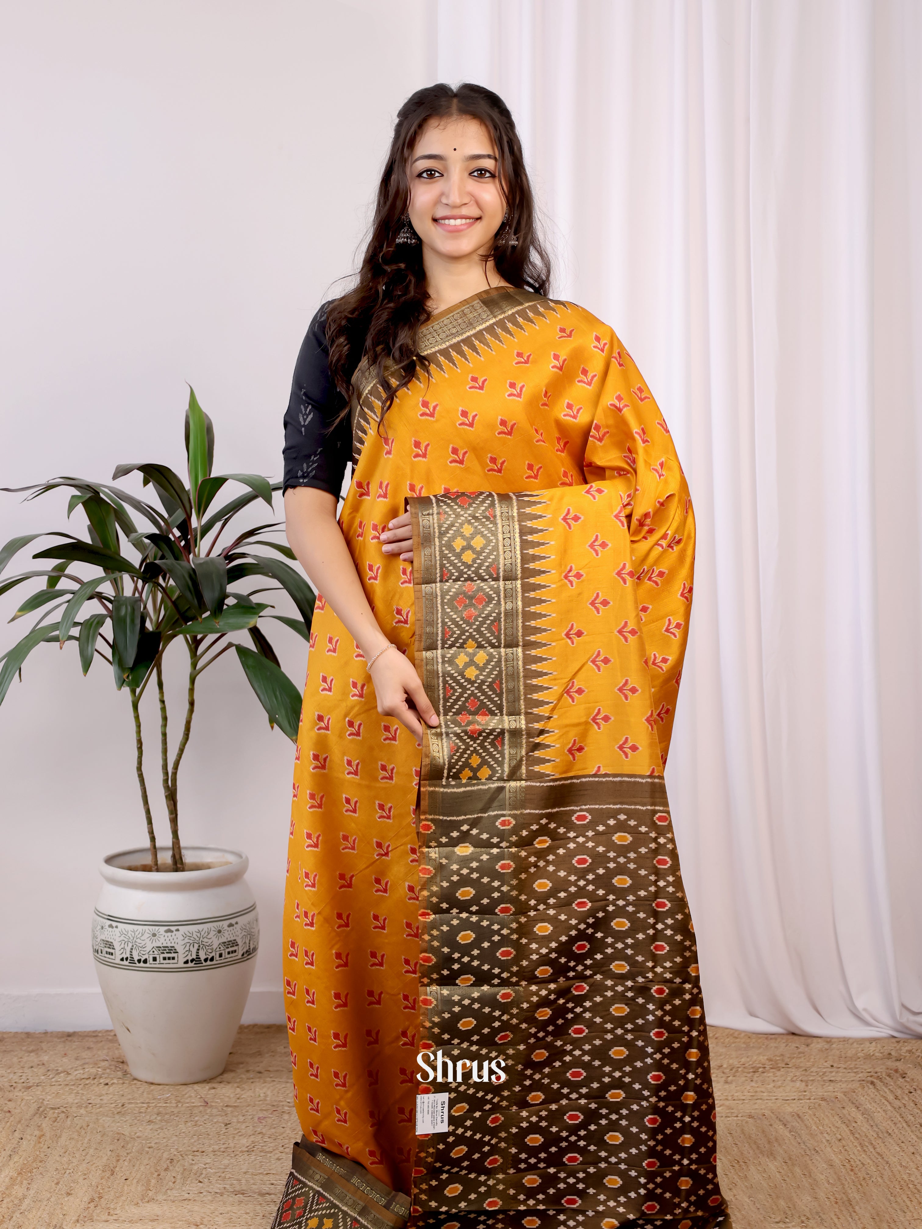 Mustard & Army Green- Semi Patola Saree - Shop on Shrus.com