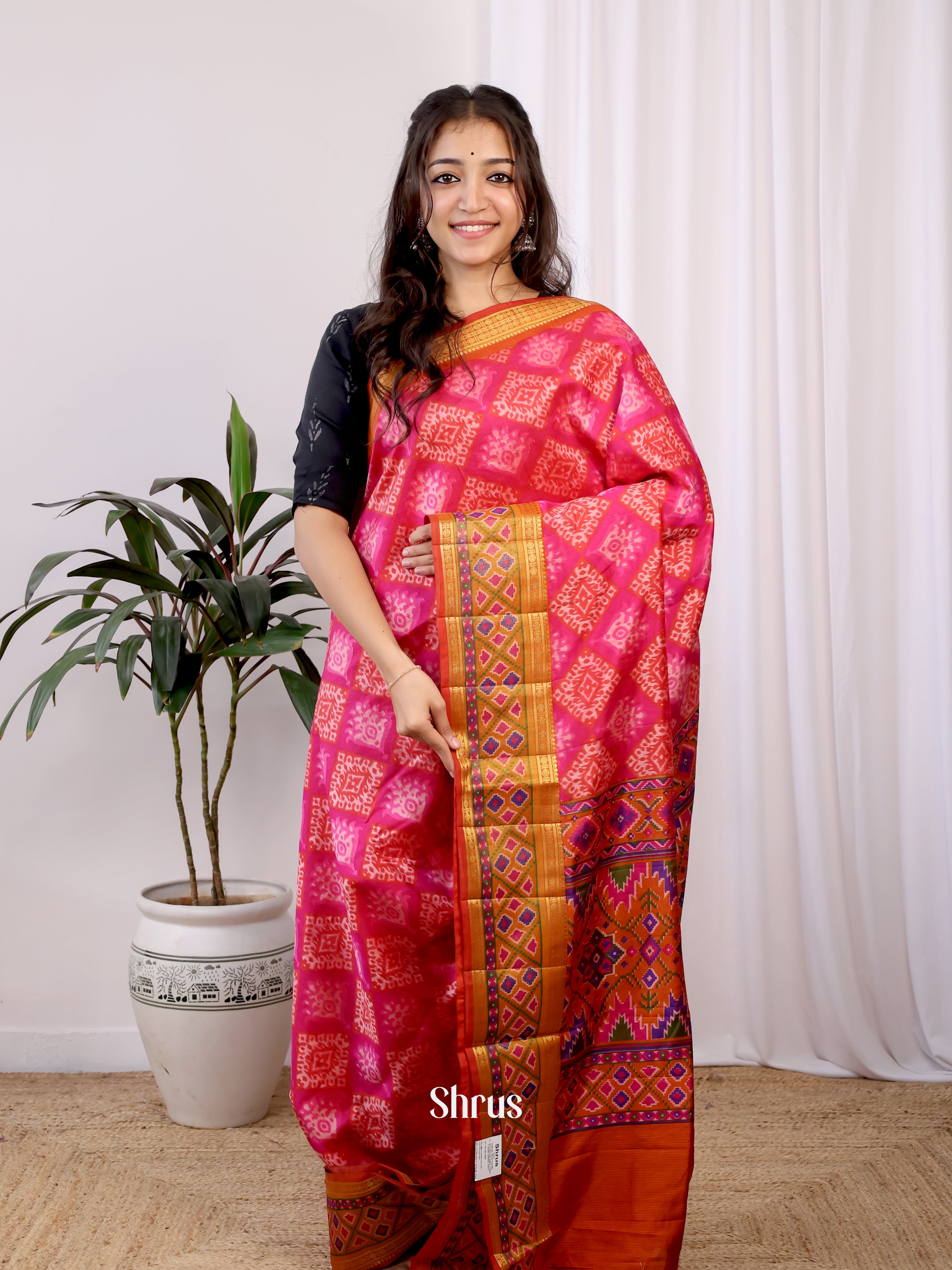 Pink & Orange - Semi Patola Saree - Shop on Shrus.com