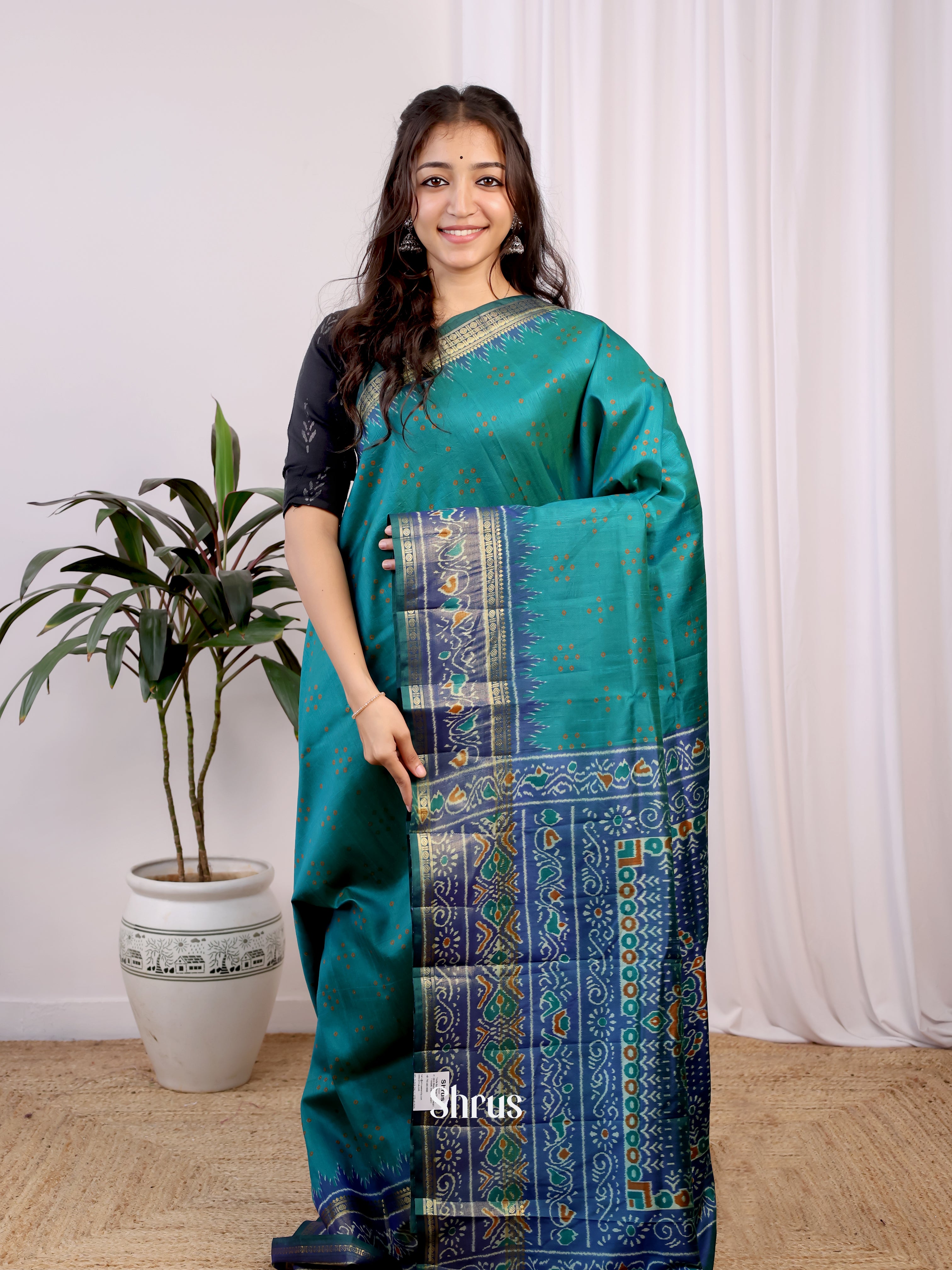 Teal & Blue - Semi Patola Saree - Shop on Shrus.com