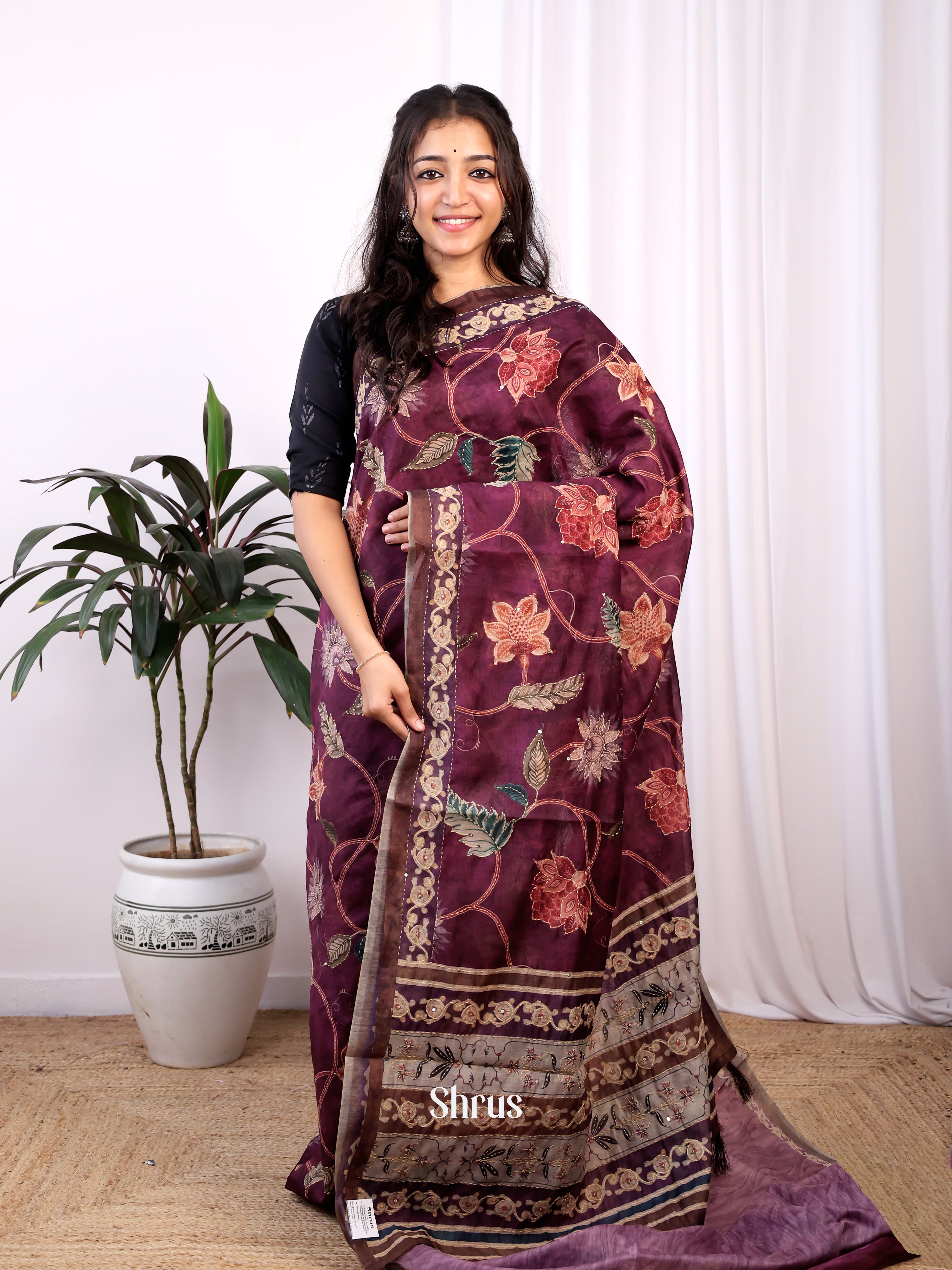 Purple & Grey - Semi Kantha Saree - Shop on Shrus.com