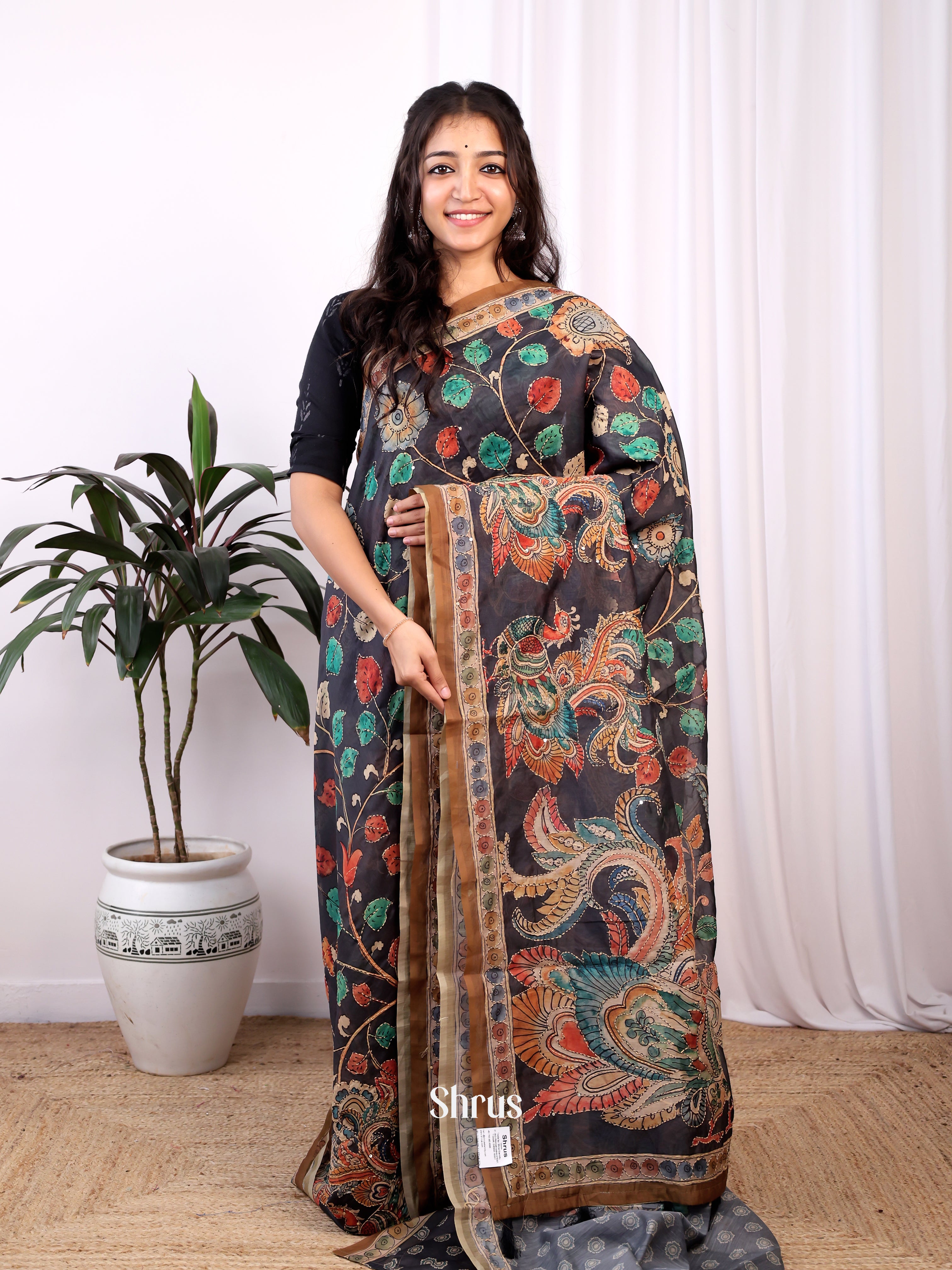 Black & Brown - Semi Kantha Saree - Shop on Shrus.com