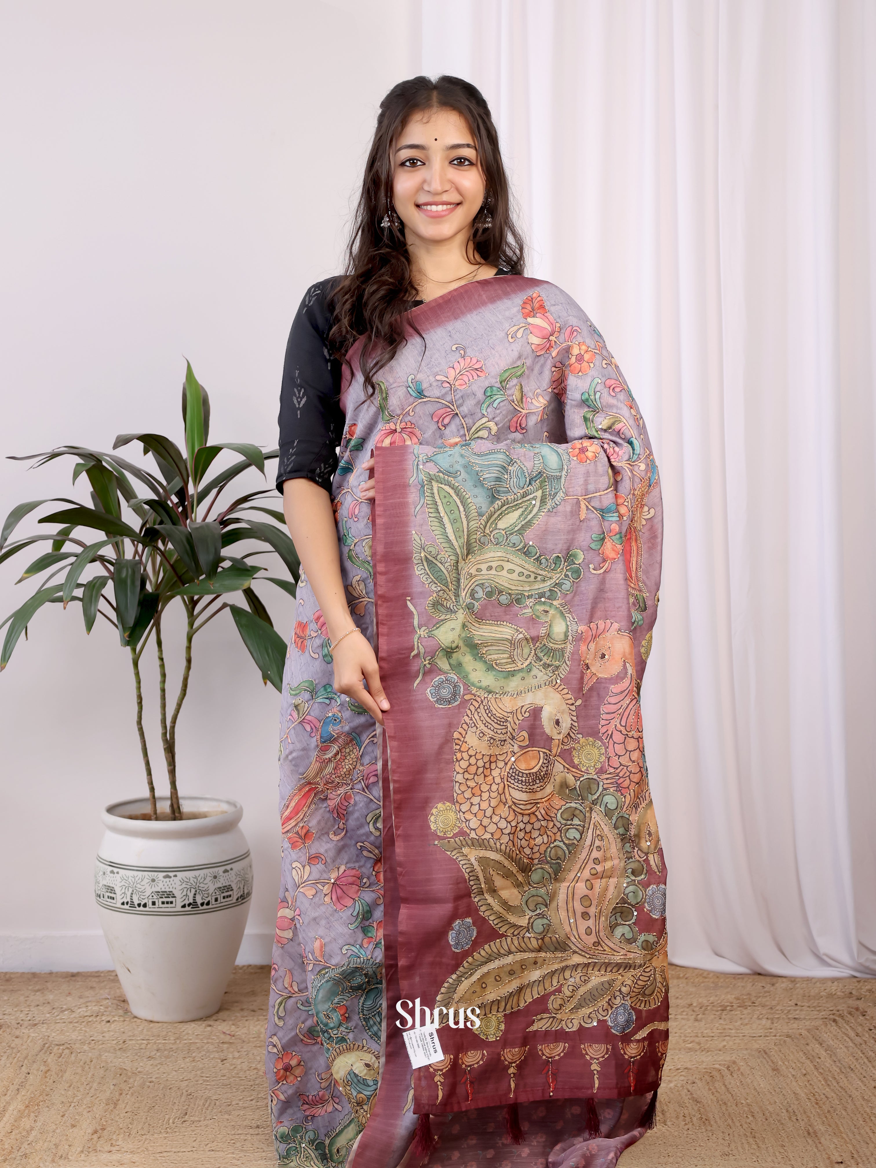 Purple & Brown- Semi Kantha Saree - Shop on Shrus.com