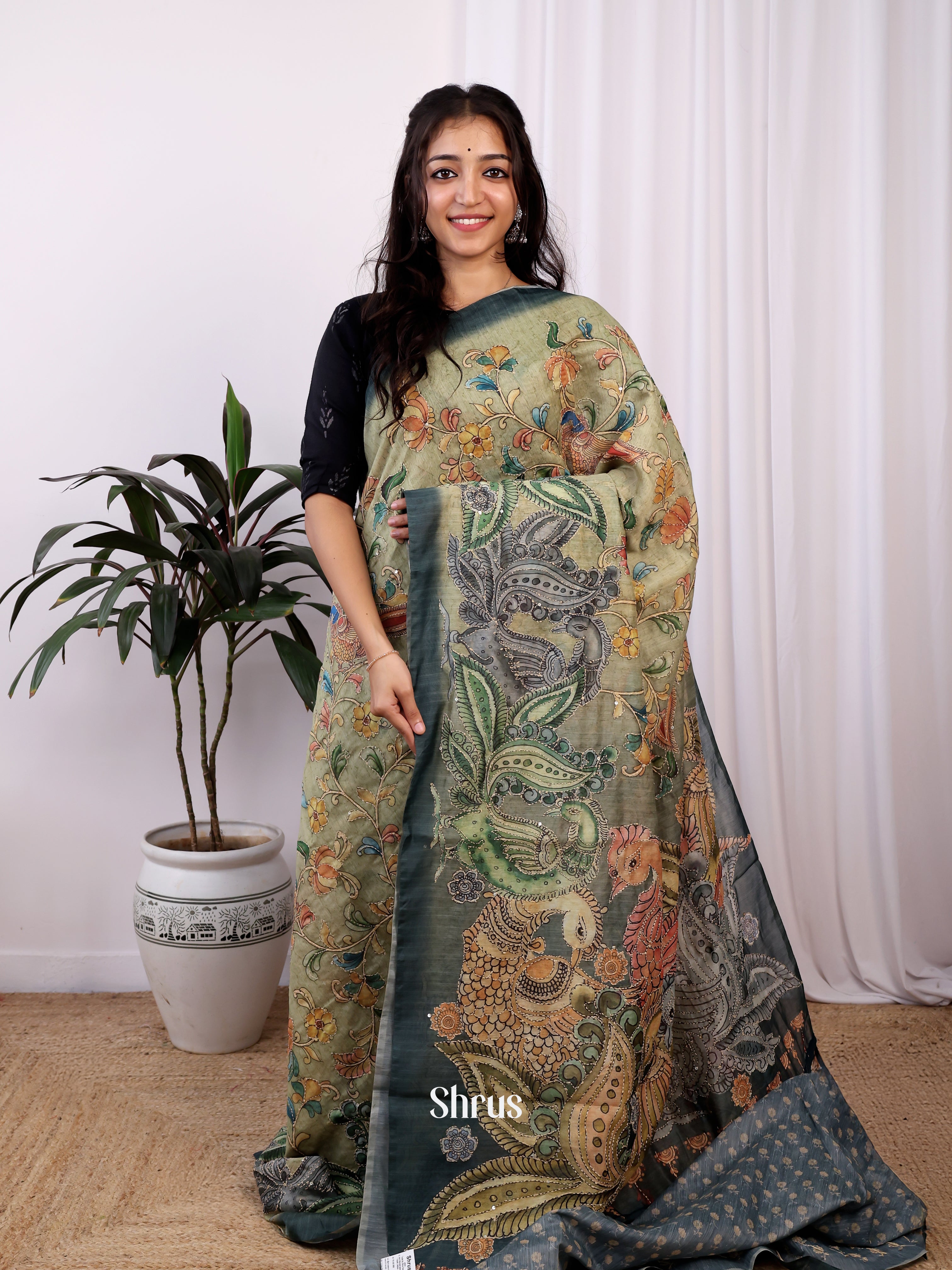 Elachi Green & Green - Semi Kantha Saree - Shop on Shrus.com