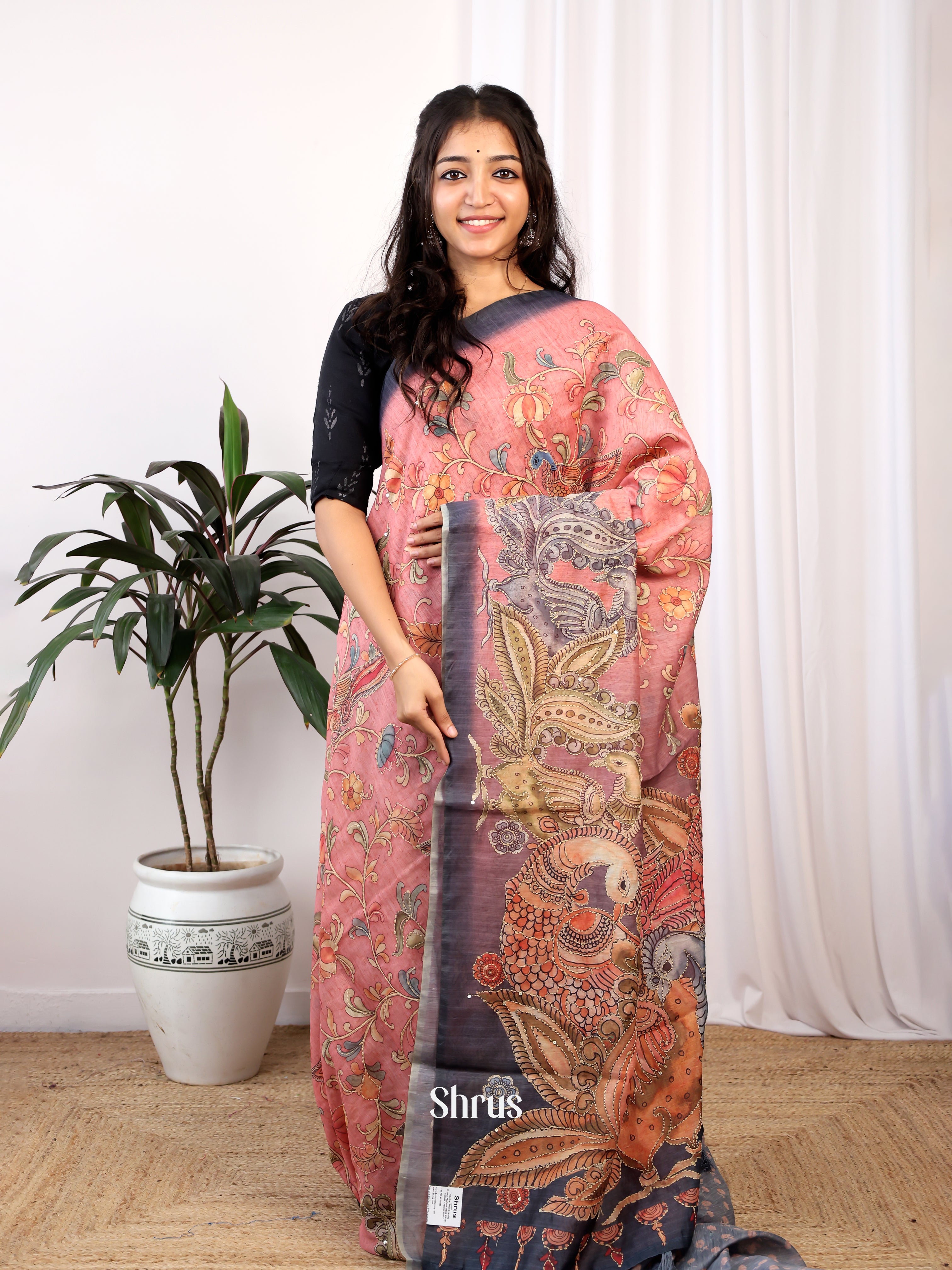 Onion Pink & Blue - Semi Kantha Saree - Shop on Shrus.com