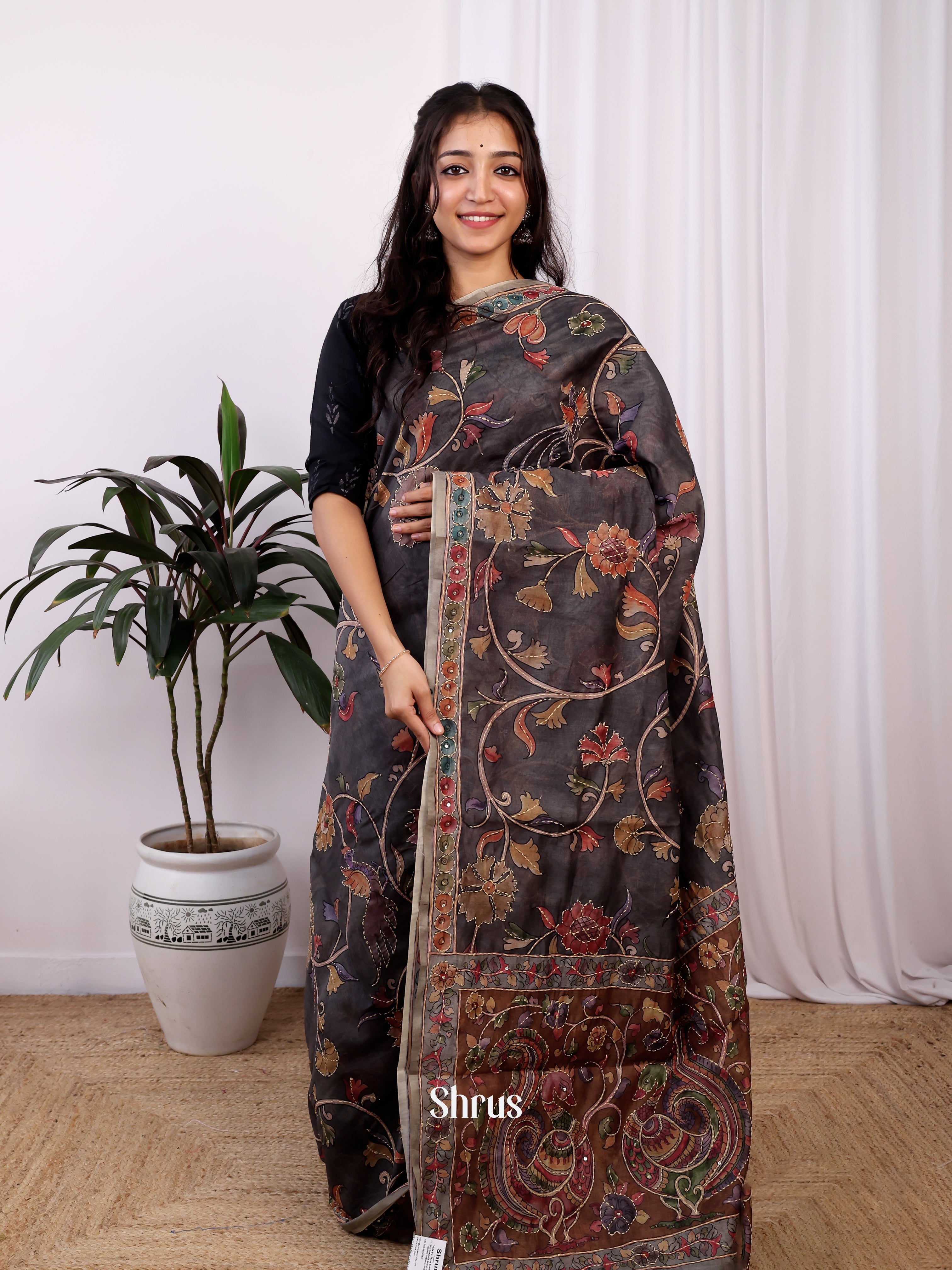 Black & Brown - Semi Kantha Saree - Shop on Shrus.com