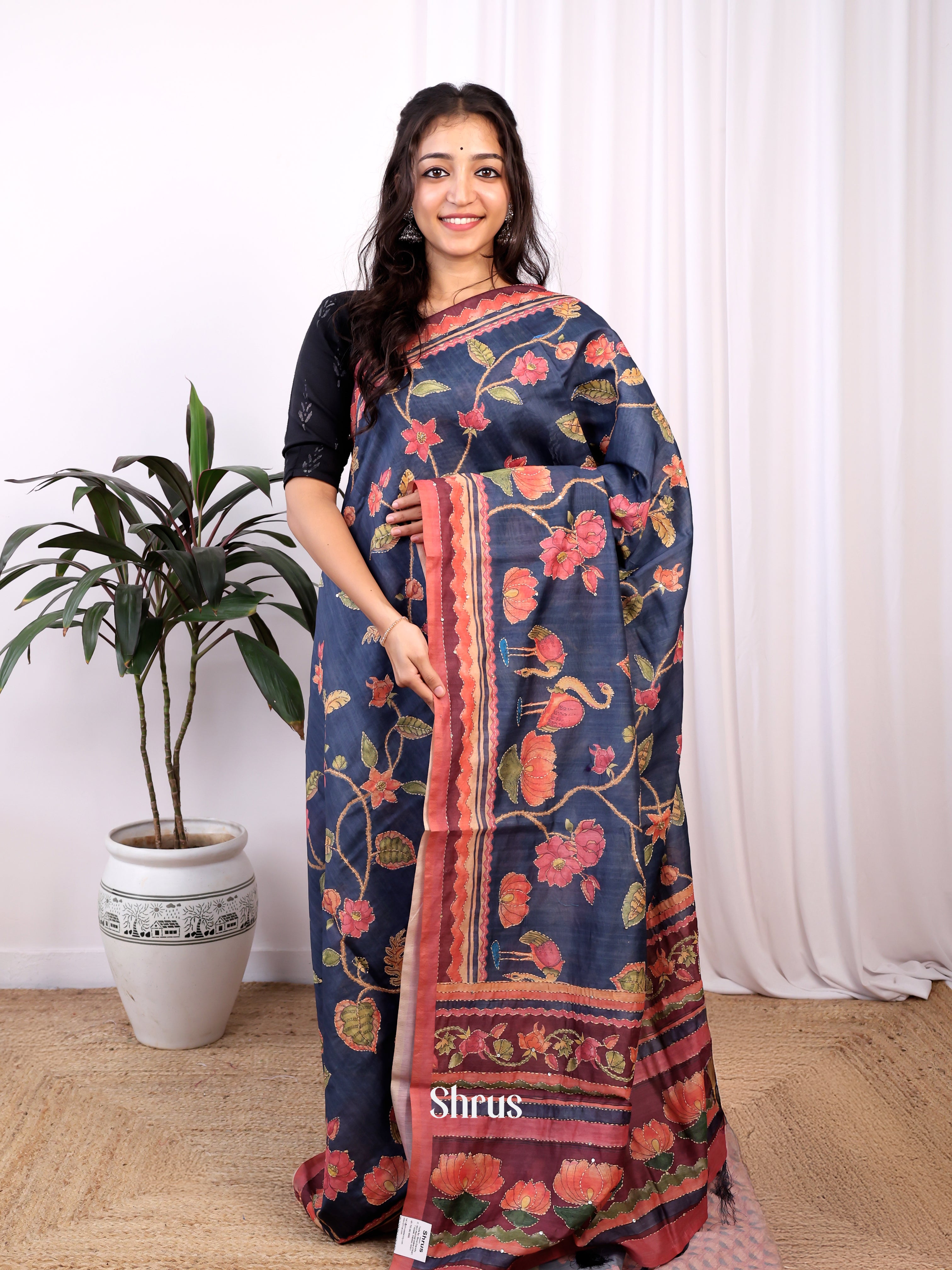 Blue & Pink - Semi Kantha Saree - Shop on Shrus.com