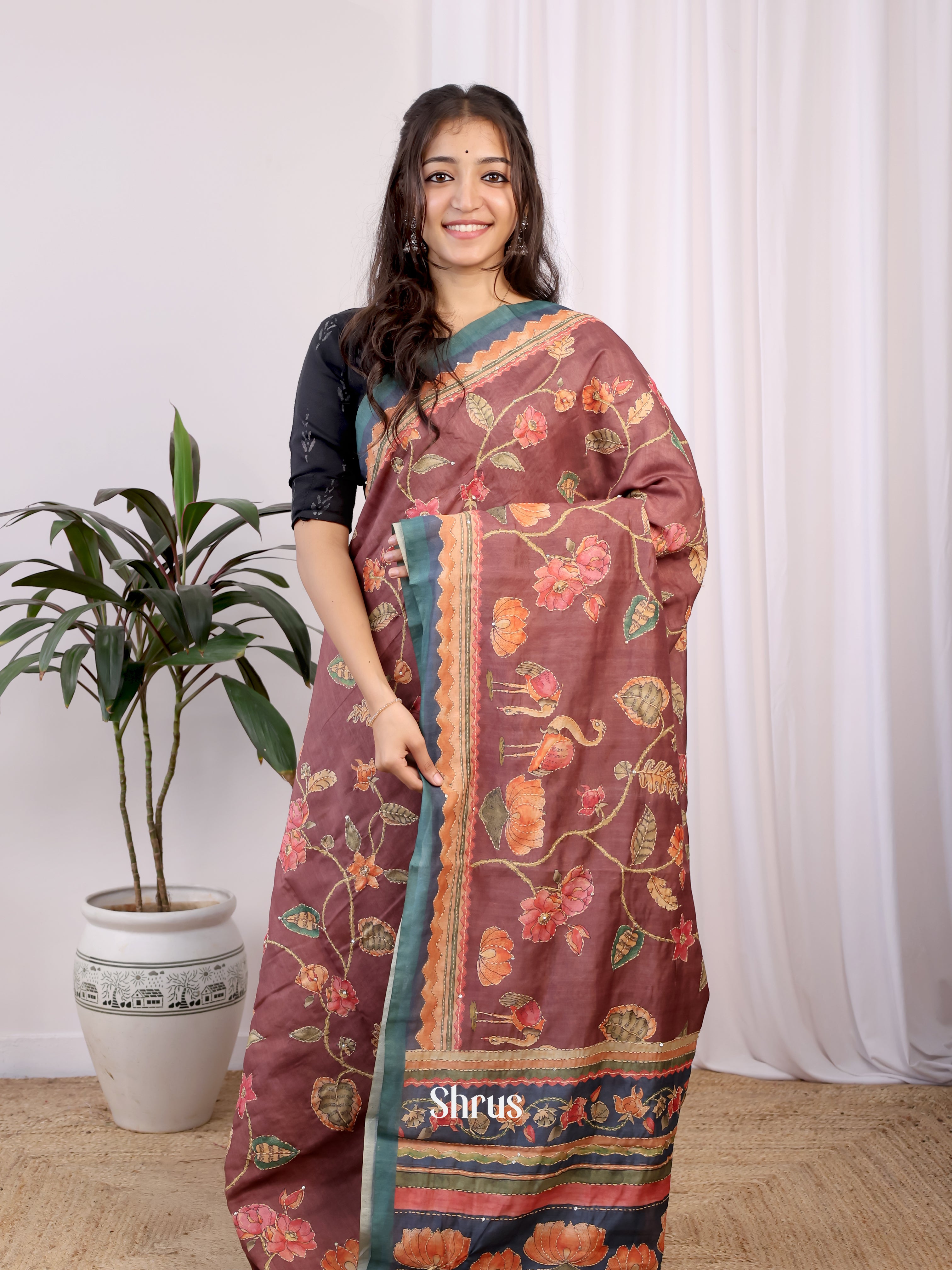 Brown & Green- Semi Kantha Saree - Shop on Shrus.com