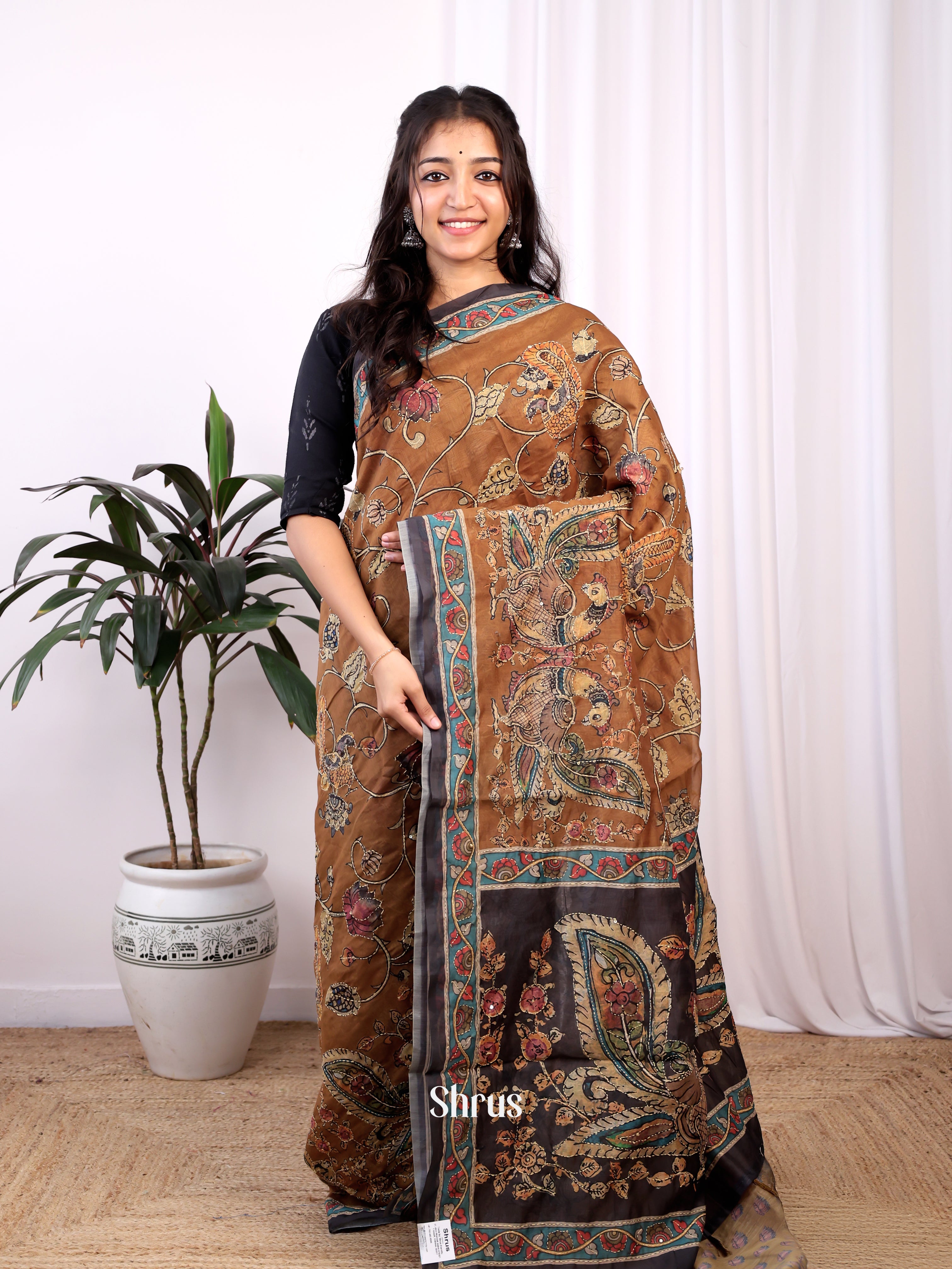 Brown- Semi Kantha Saree - Shop on Shrus.com