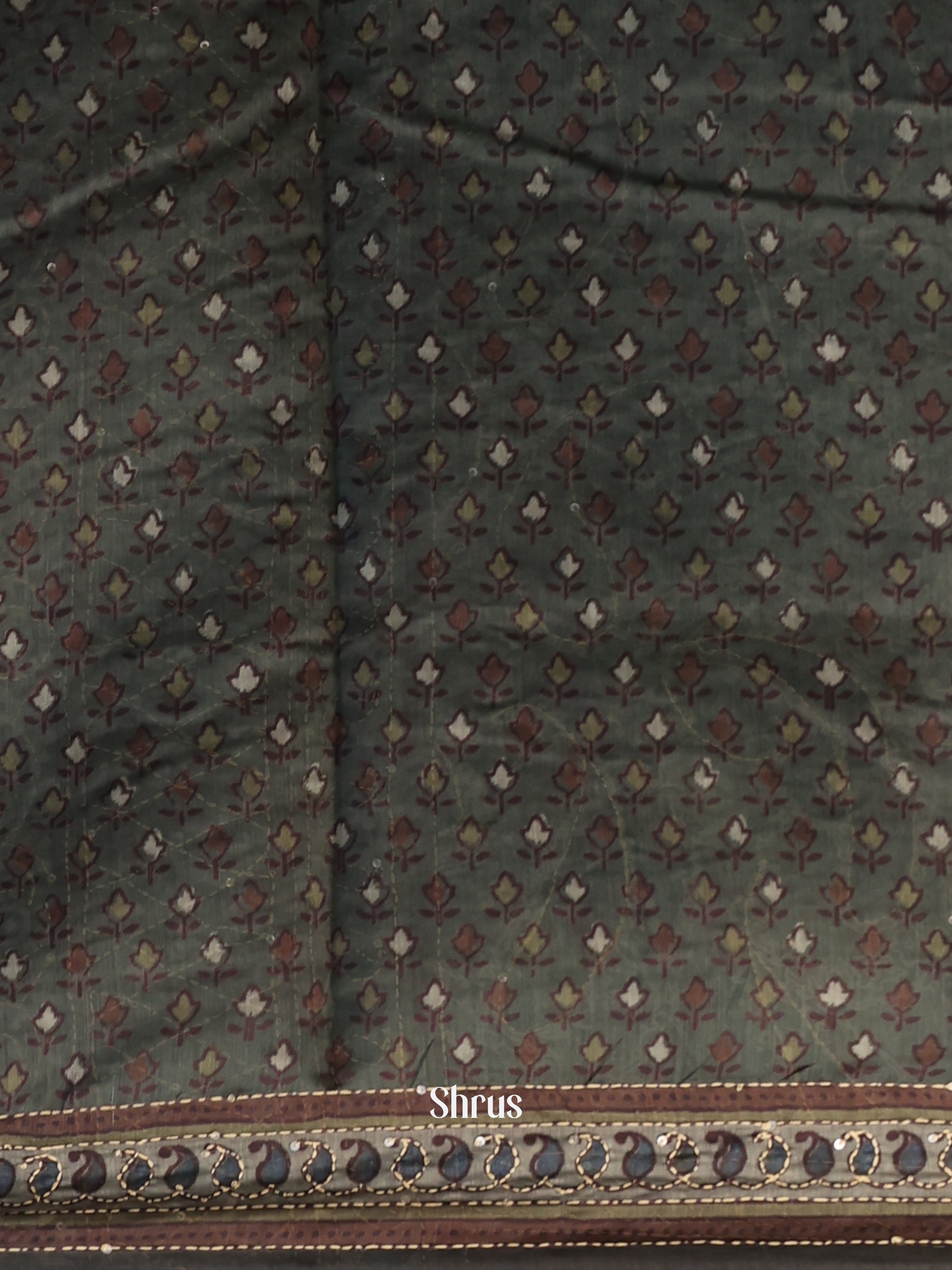 Green & Brown - Semi Kantha Saree - Shop on Shrus.com