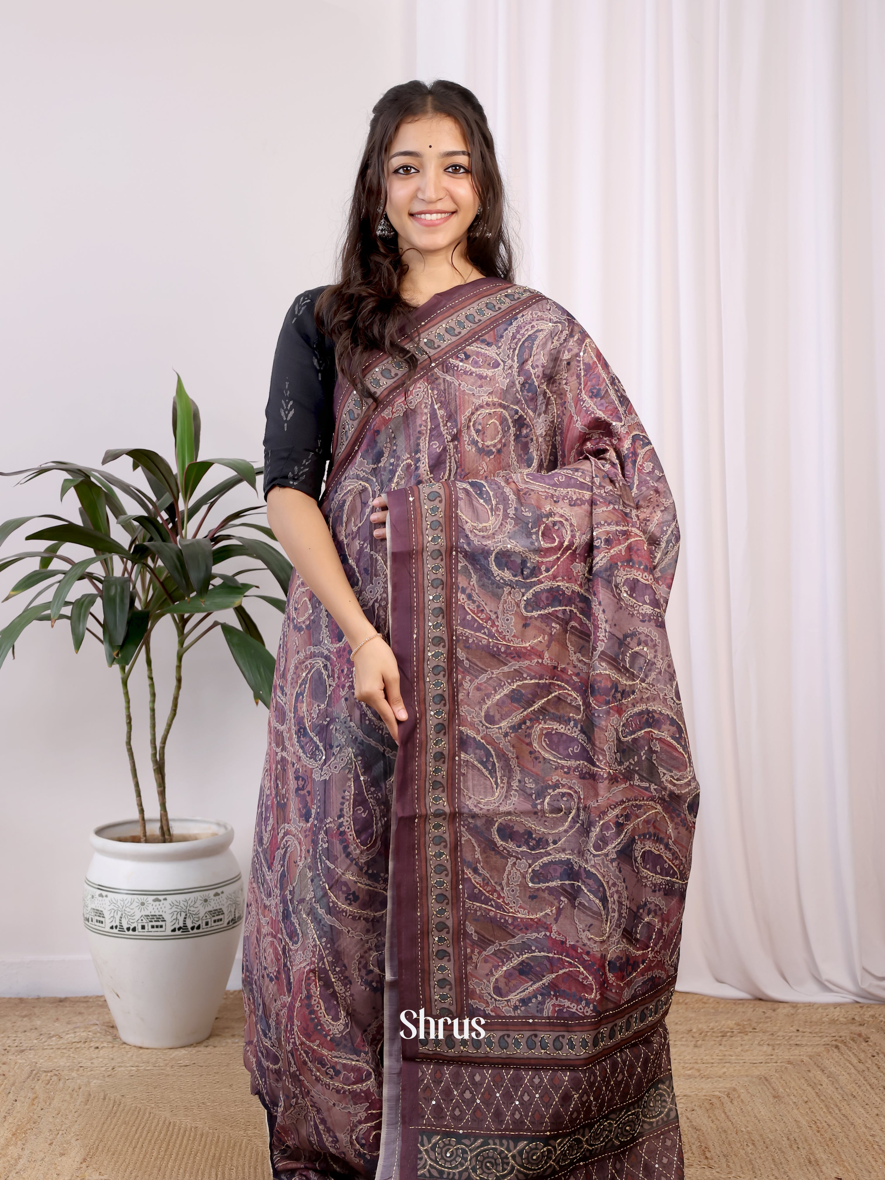 Purple & Brown - Semi Kantha Saree - Shop on Shrus.com