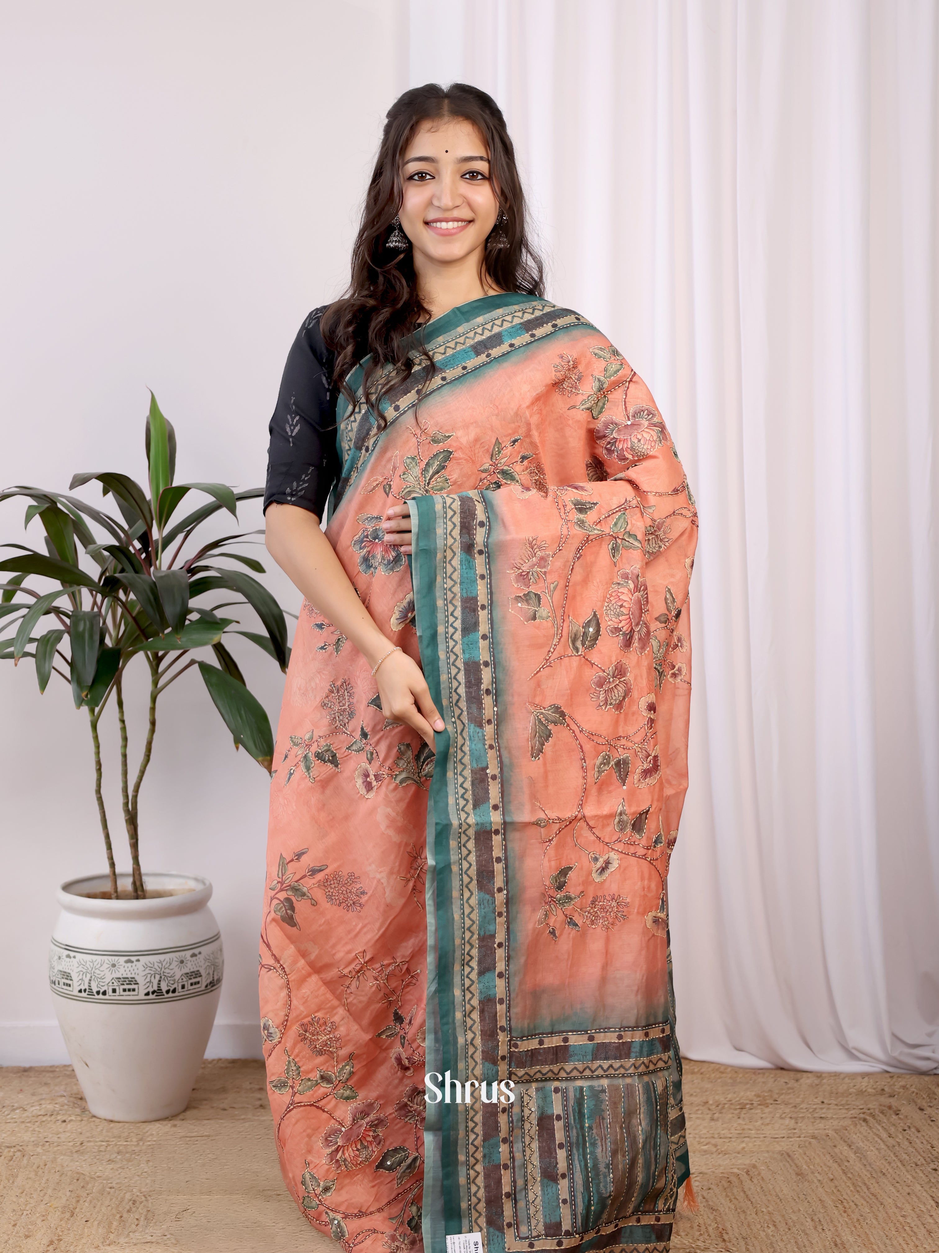 Peach & Green- Semi Kantha Saree - Shop on Shrus.com