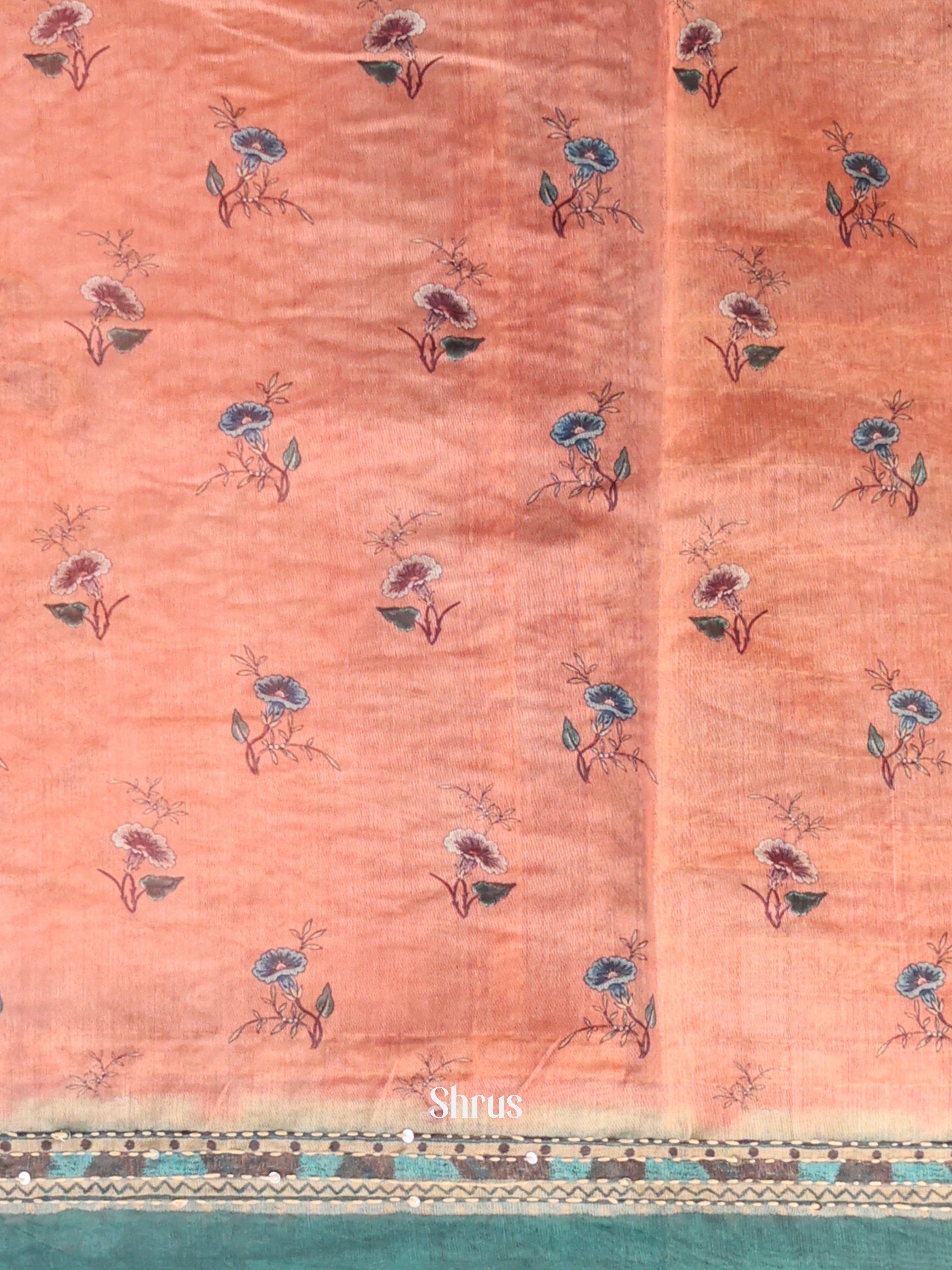 Peach & Green- Semi Kantha Saree - Shop on Shrus.com