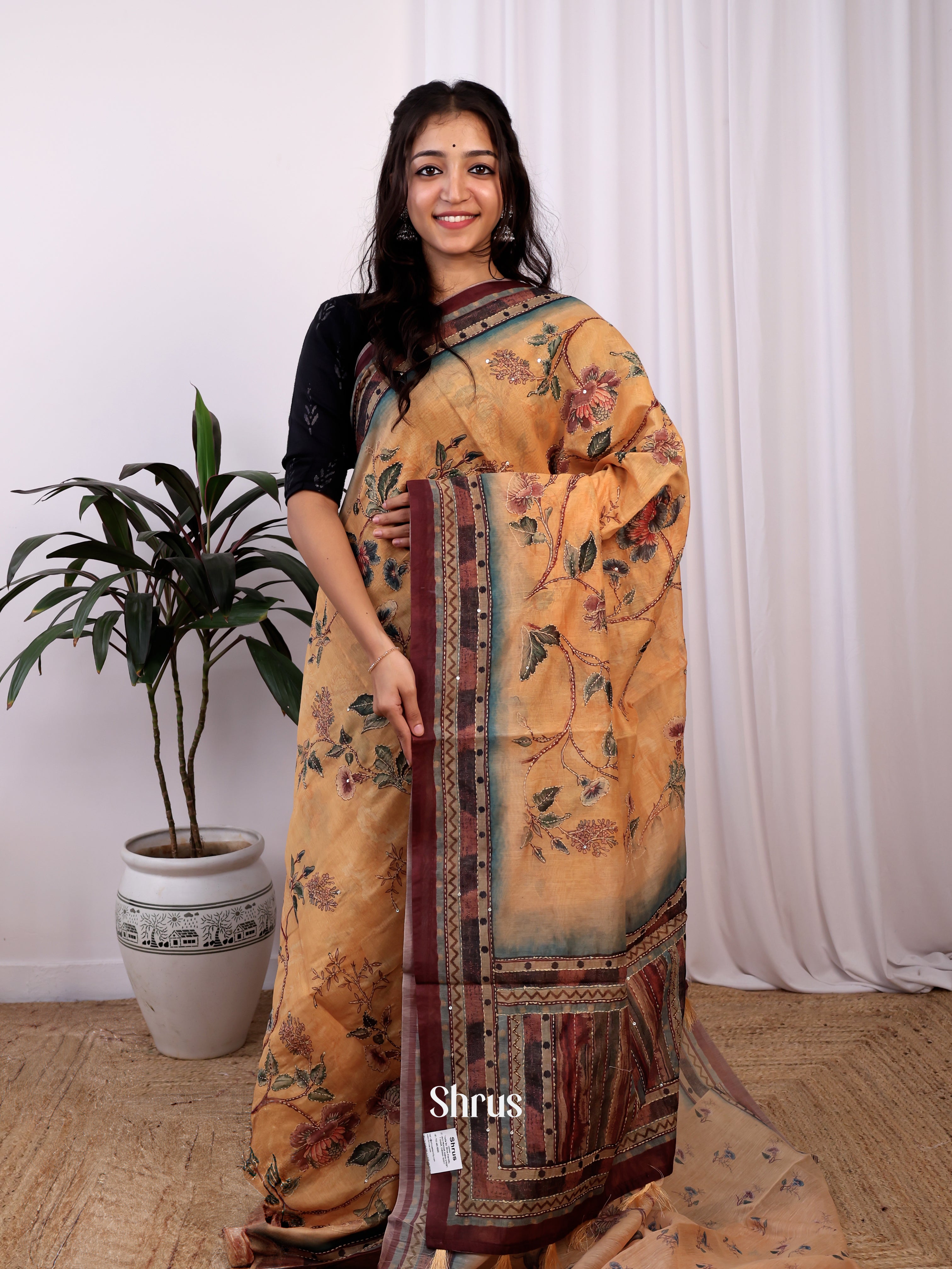 Lite Brown & Brown- Semi Kantha Saree - Shop on Shrus.com
