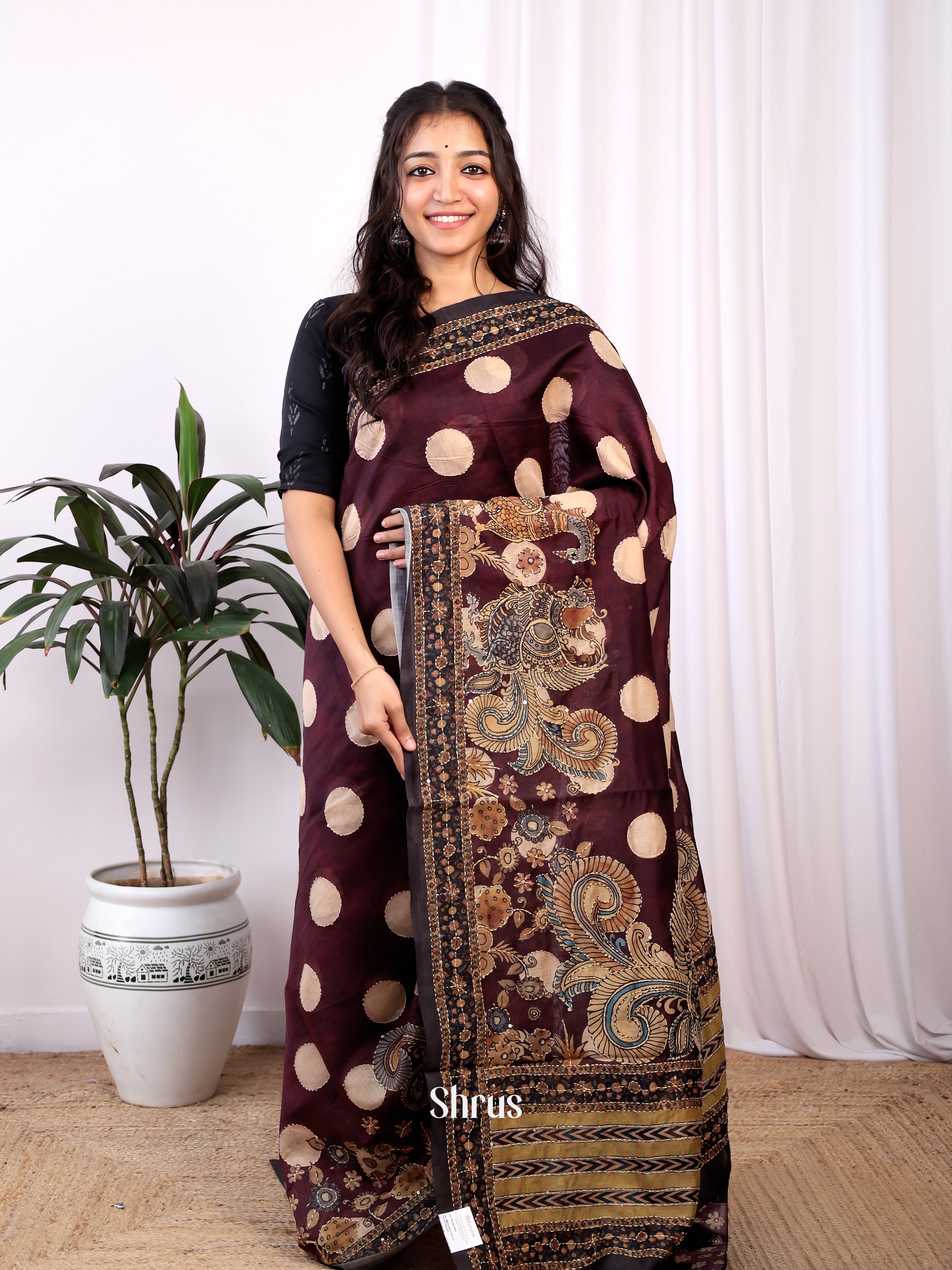 Brown - Semi Kantha Saree - Shop on Shrus.com