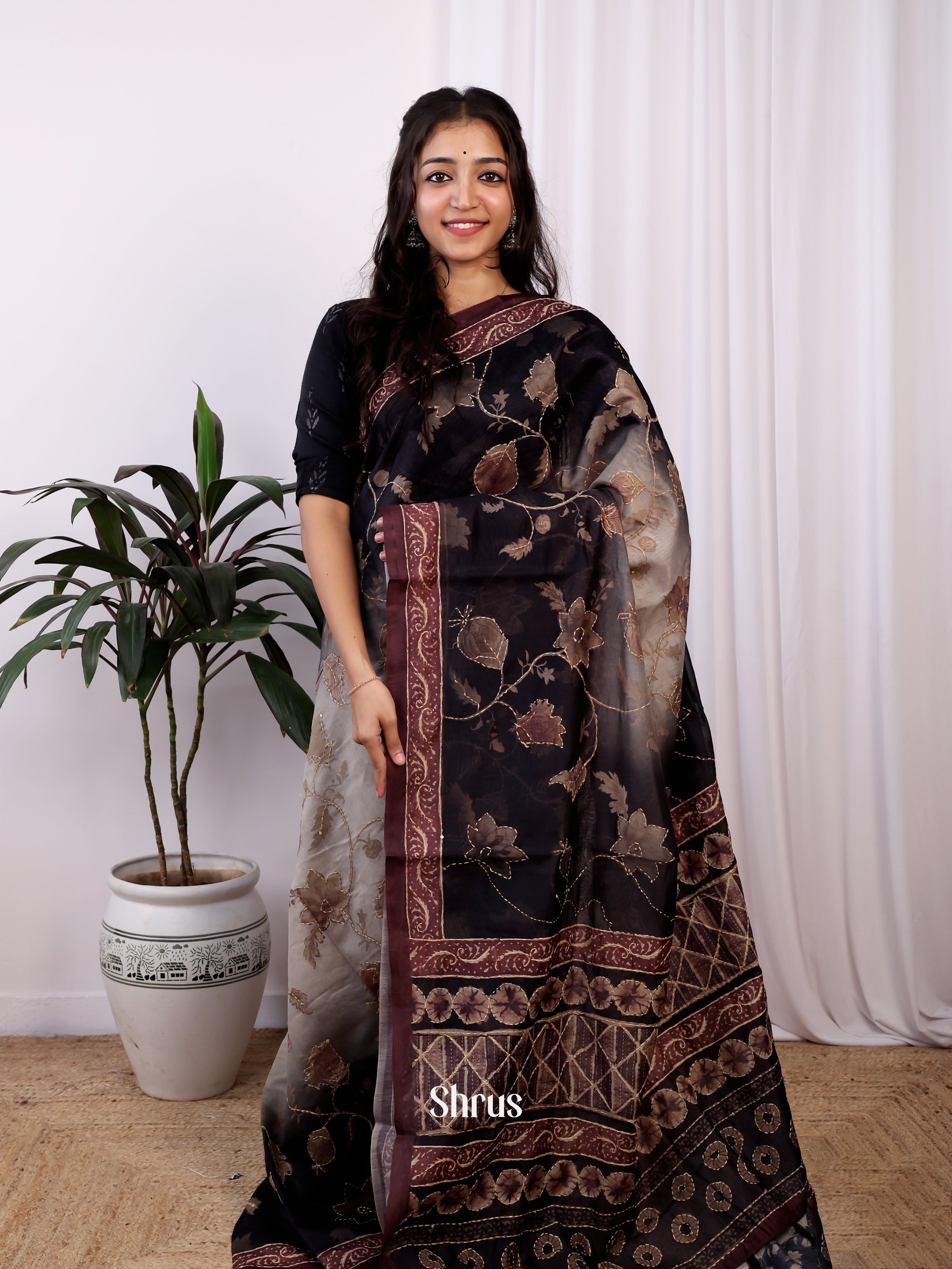 Grey & Black- Semi Kantha Saree - Shop on Shrus.com