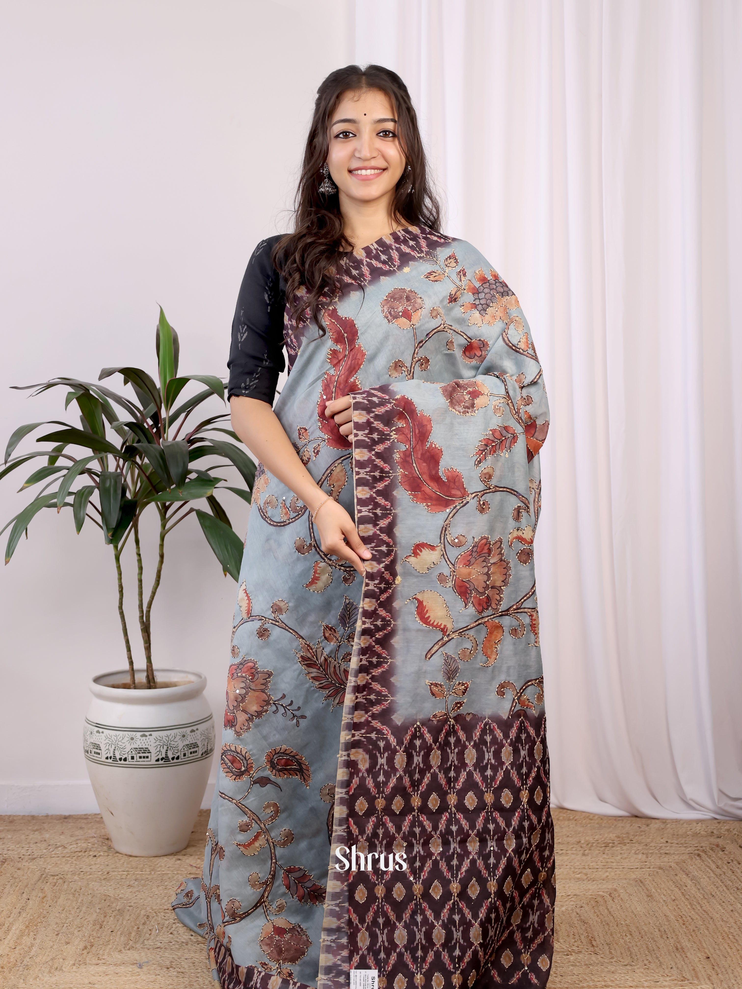 Blue & Brown- Semi Kantha Saree - Shop on Shrus.com