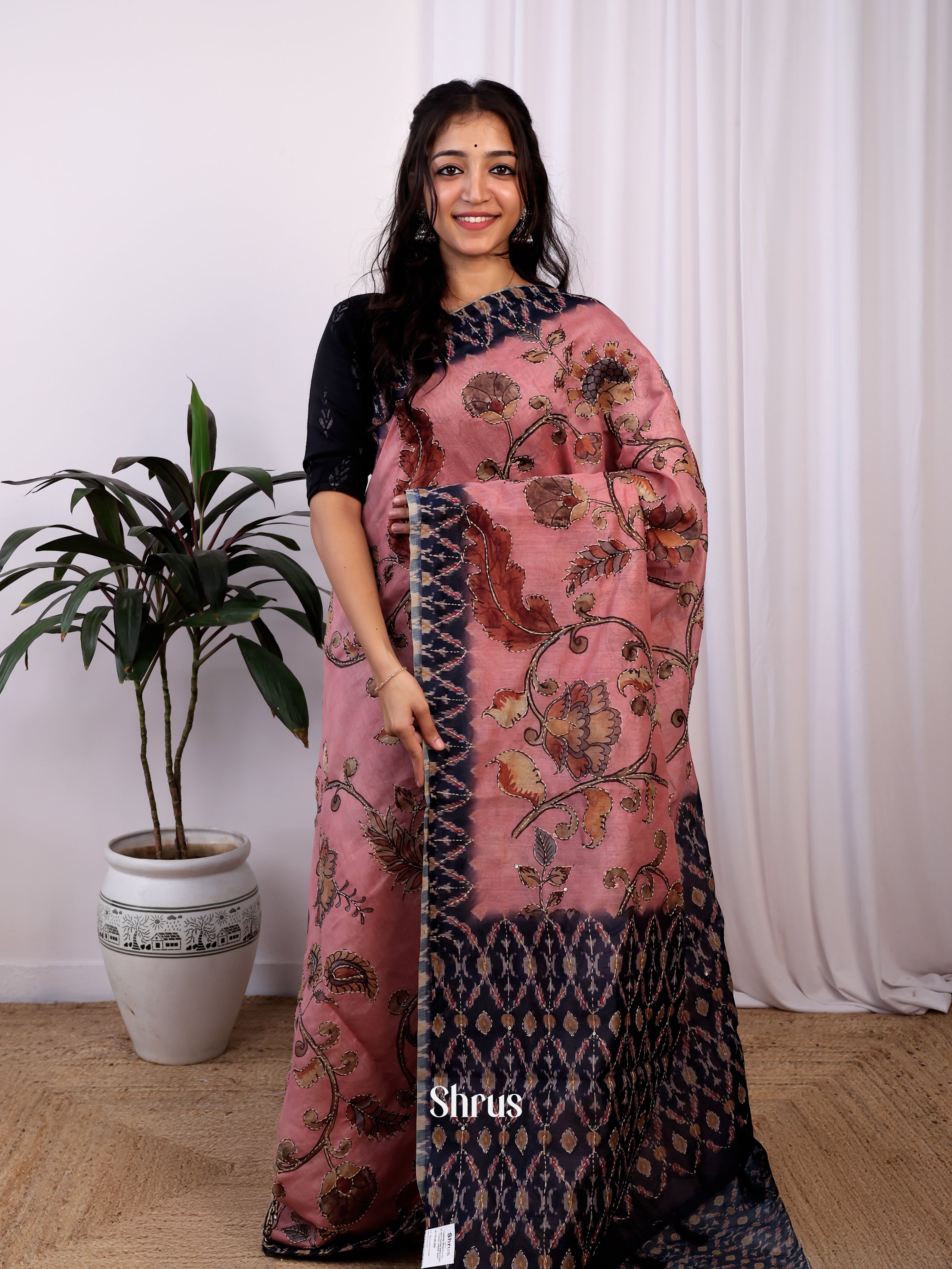 Pink & black - Semi Kantha Saree - Shop on Shrus.com