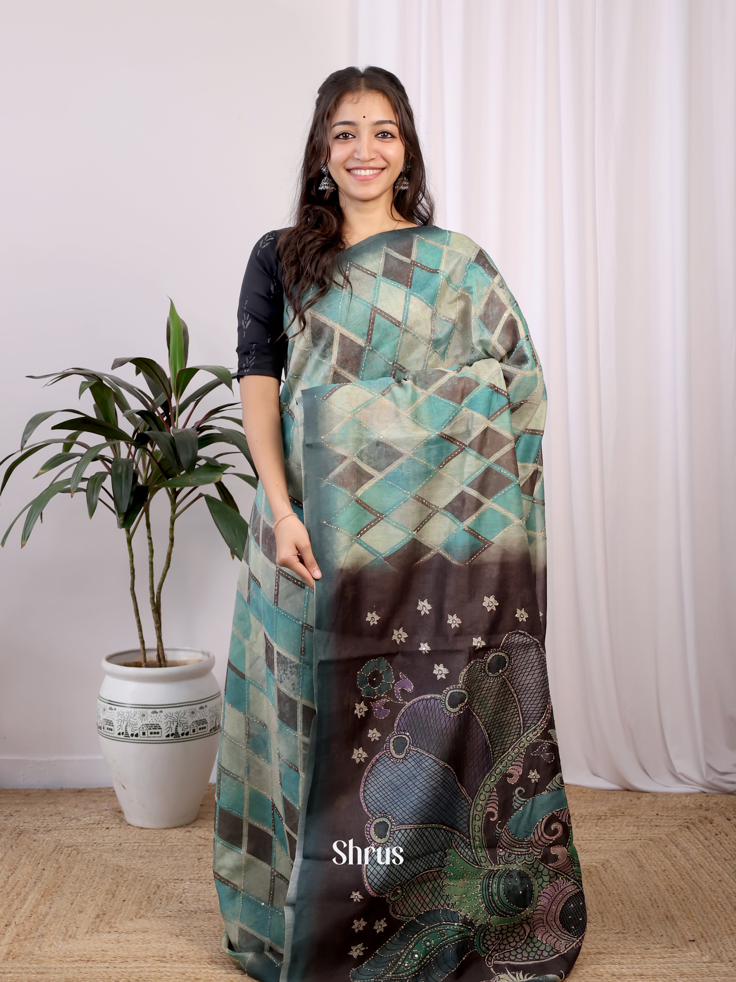 Green & Brown- Semi Kantha Saree - Shop on Shrus.com