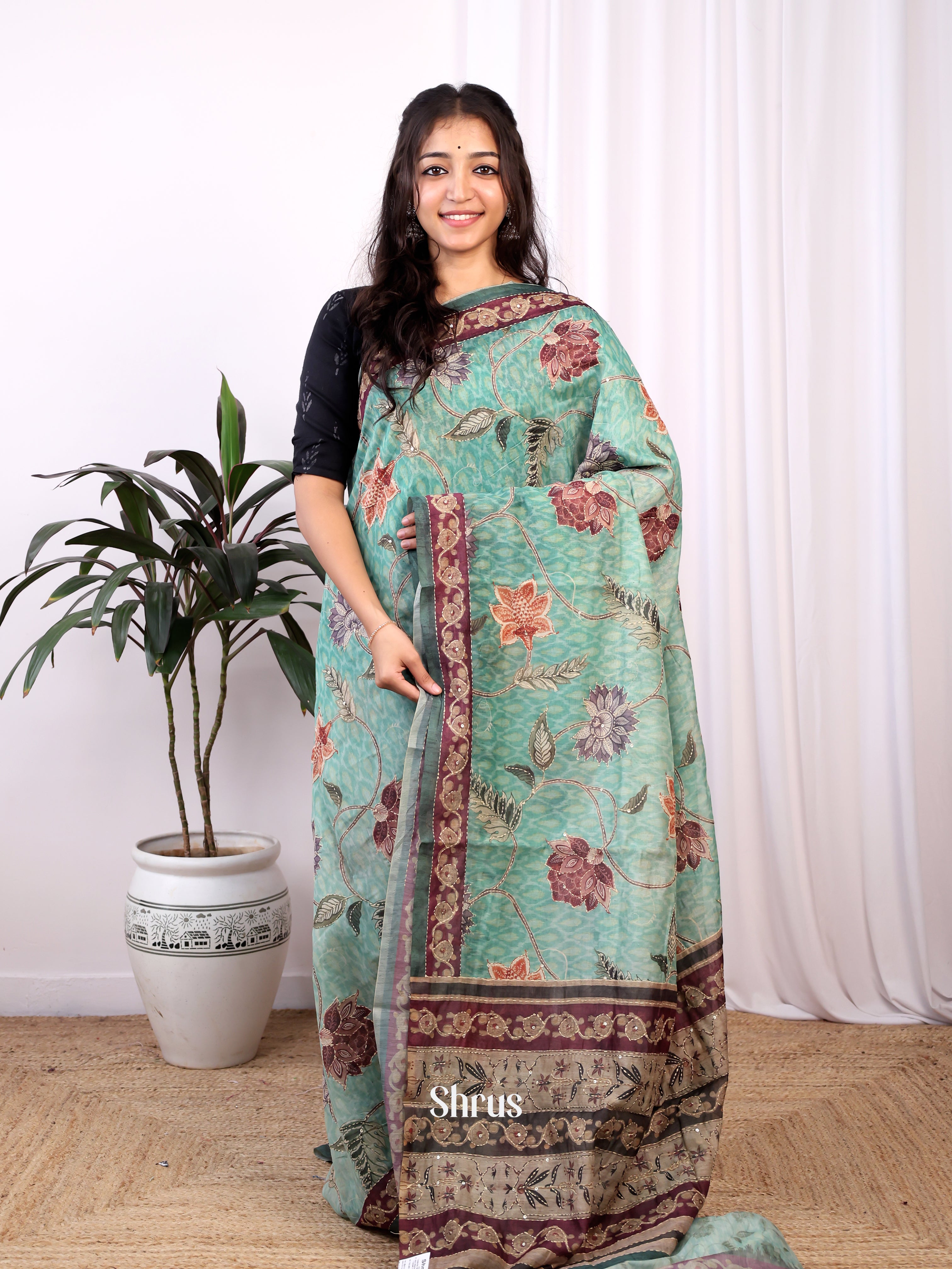 Green & Brown - Semi Kantha Saree - Shop on Shrus.com