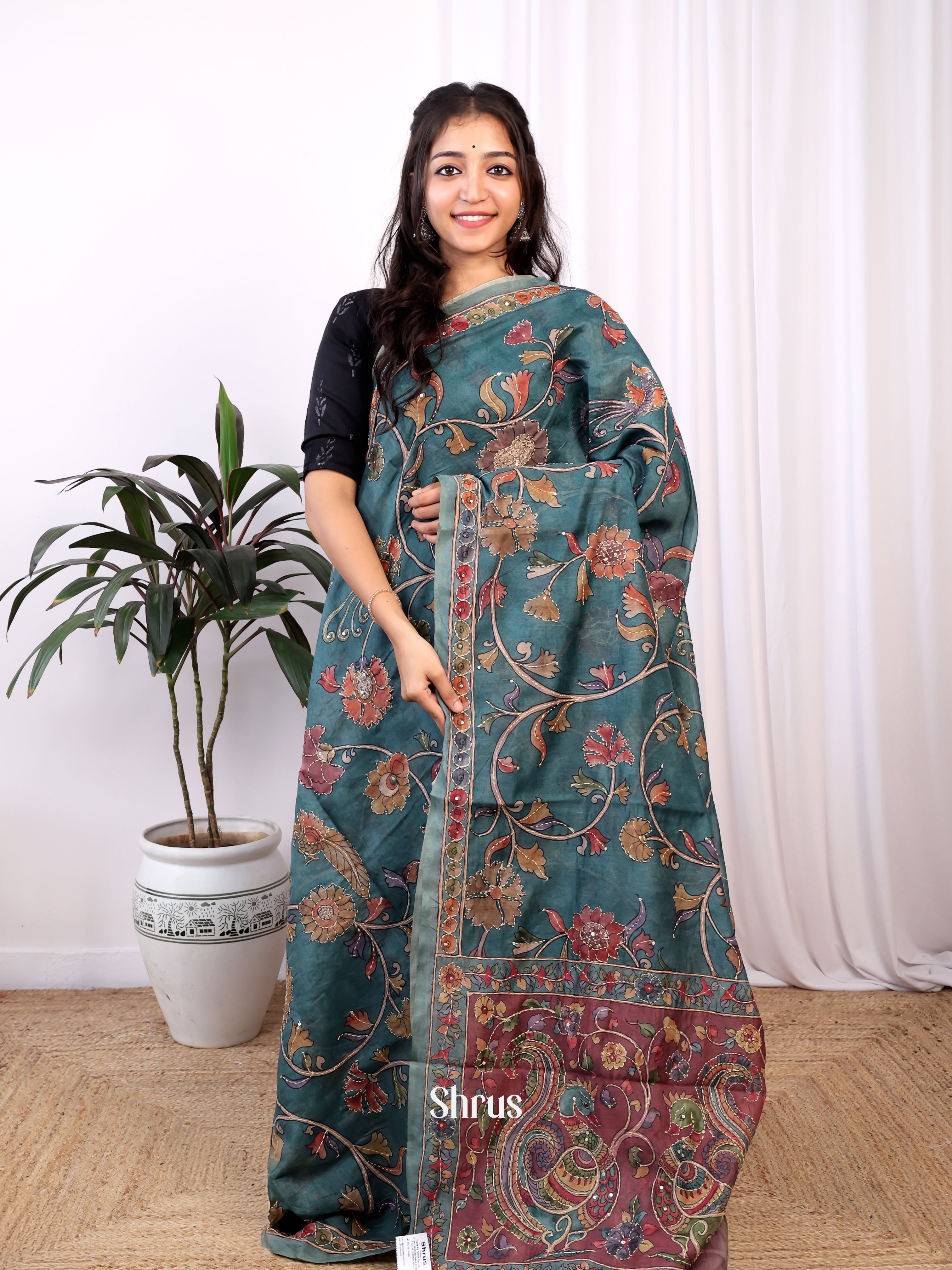 Green & Brown- Semi Kantha Saree - Shop on Shrus.com